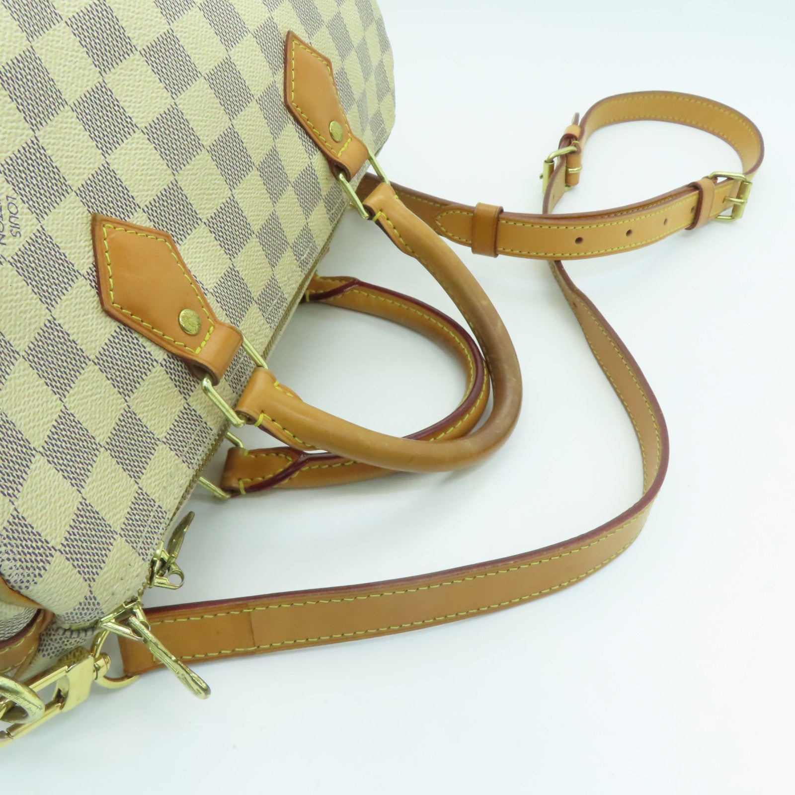 LOUIS VUITTON Damier Azur Speedy 30 Bandouliere金扣手挽肩背兩用袋白色