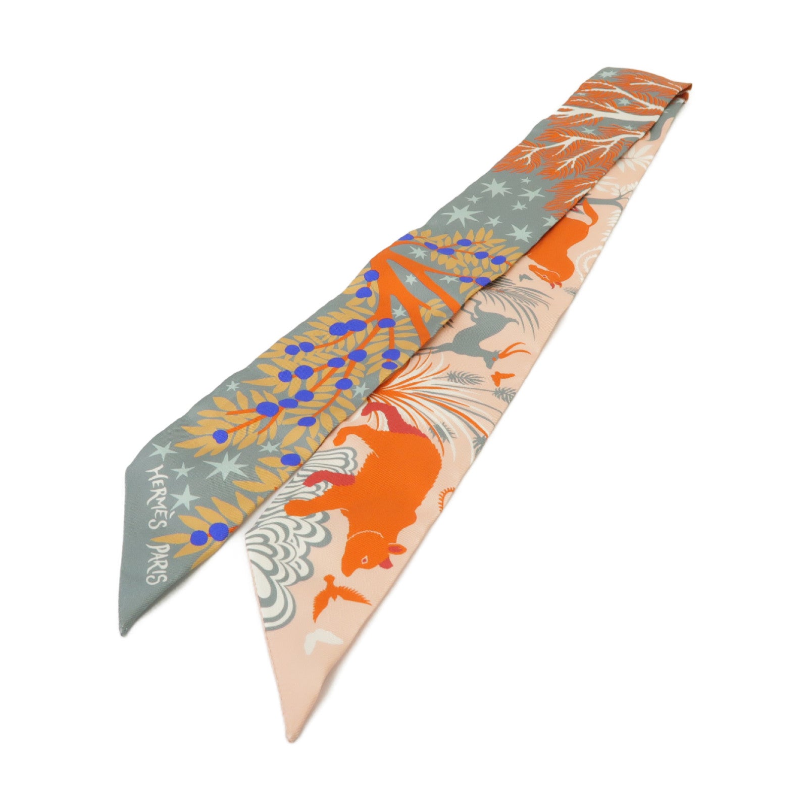 HERMES 絲質Twilly絲巾粉紅色/灰色/橙色