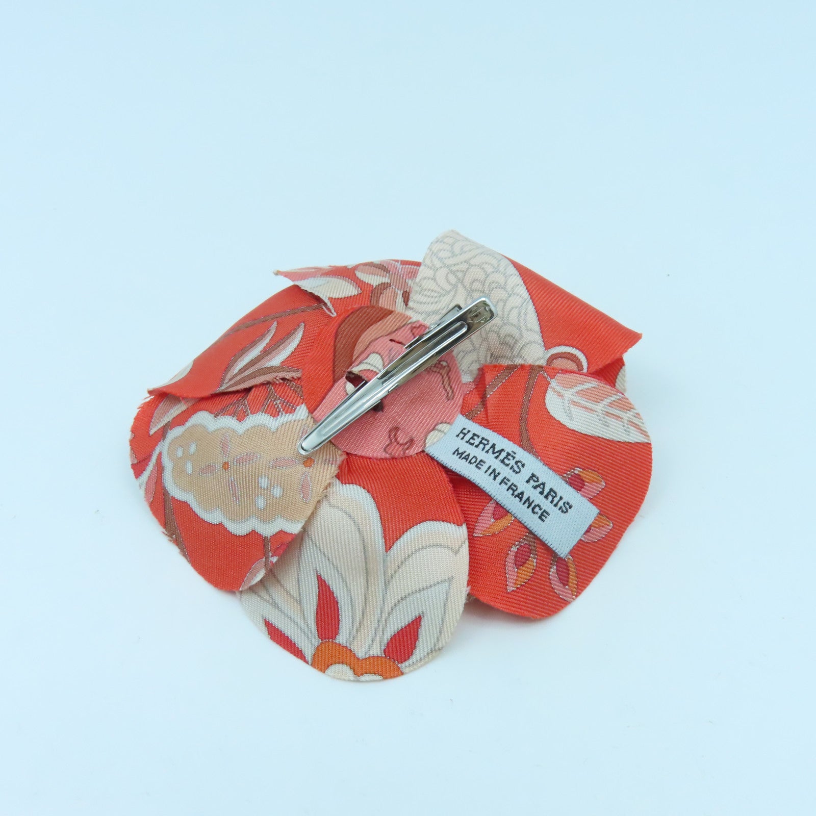 HERMES 【激減優惠】絲質Hair Clip銀扣髮夾紅色