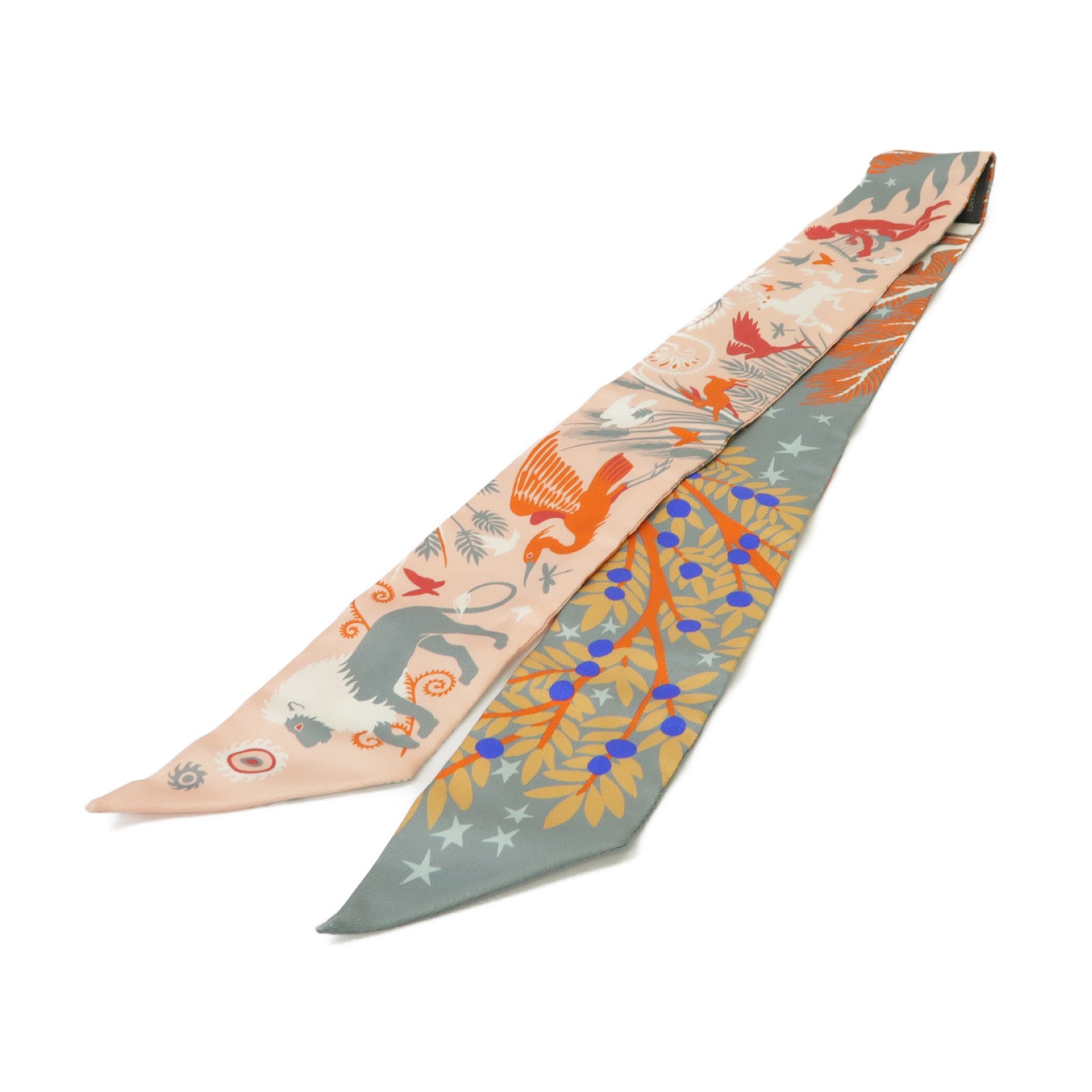 HERMES 絲質Twilly絲巾粉紅色/灰色/橙色