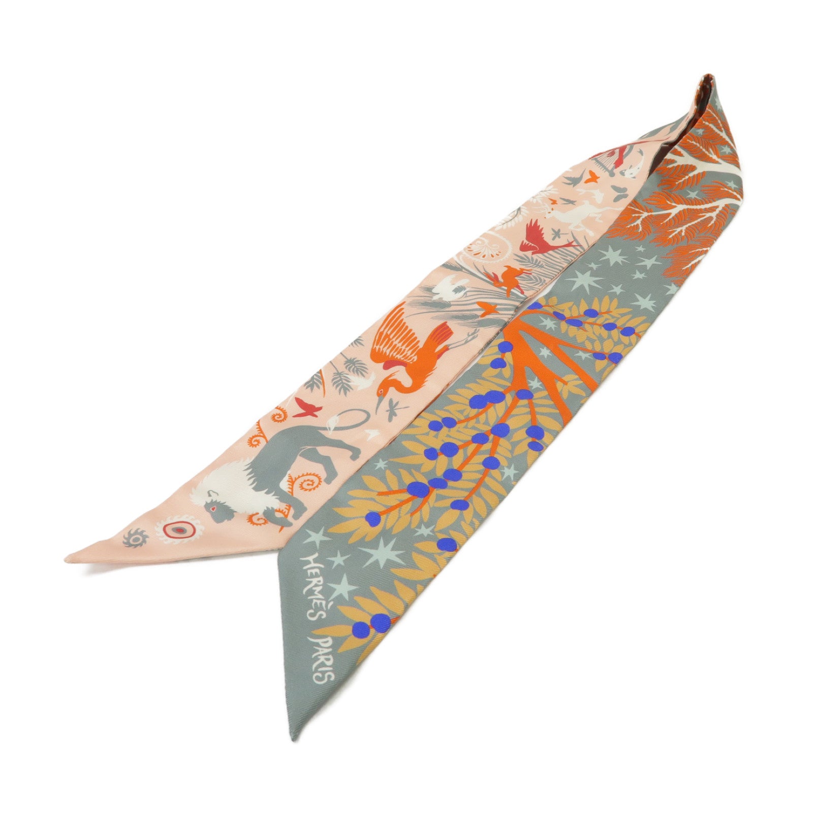 HERMES 絲質Twilly絲巾粉紅色/灰色/橙色