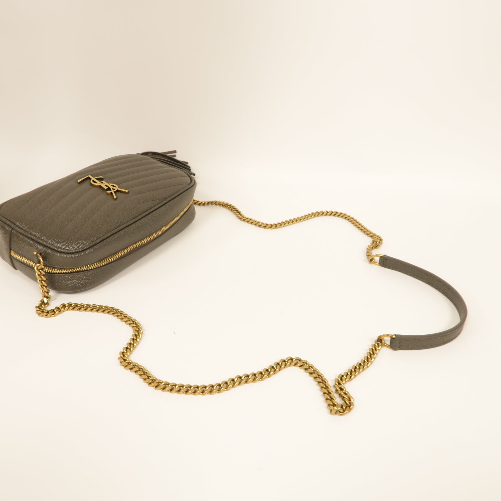 SAINT LAURENT 牛皮皮革Lou Mini Bag金扣鏈帶肩背袋灰色