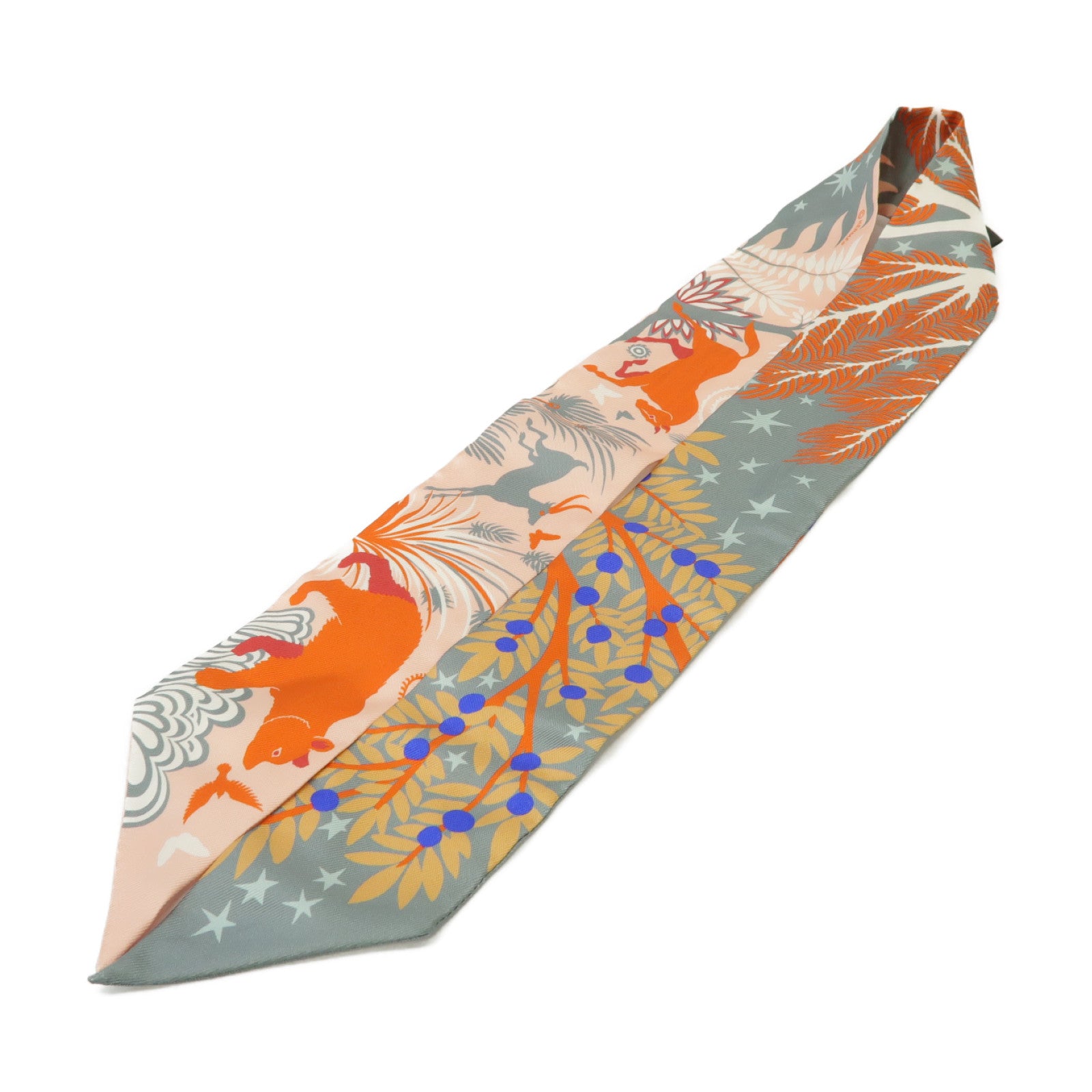 HERMES 絲質Twilly絲巾粉紅色/灰色/橙色