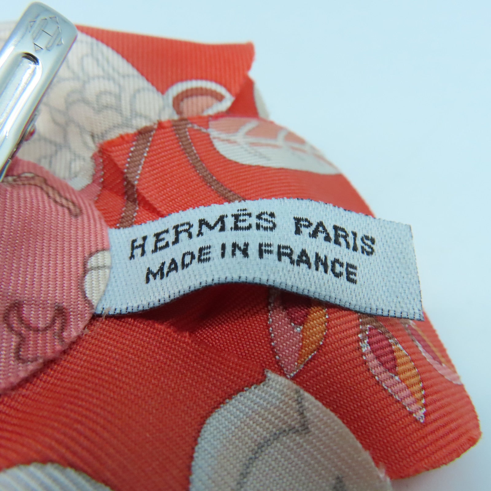 HERMES 【激減優惠】絲質Hair Clip銀扣髮夾紅色
