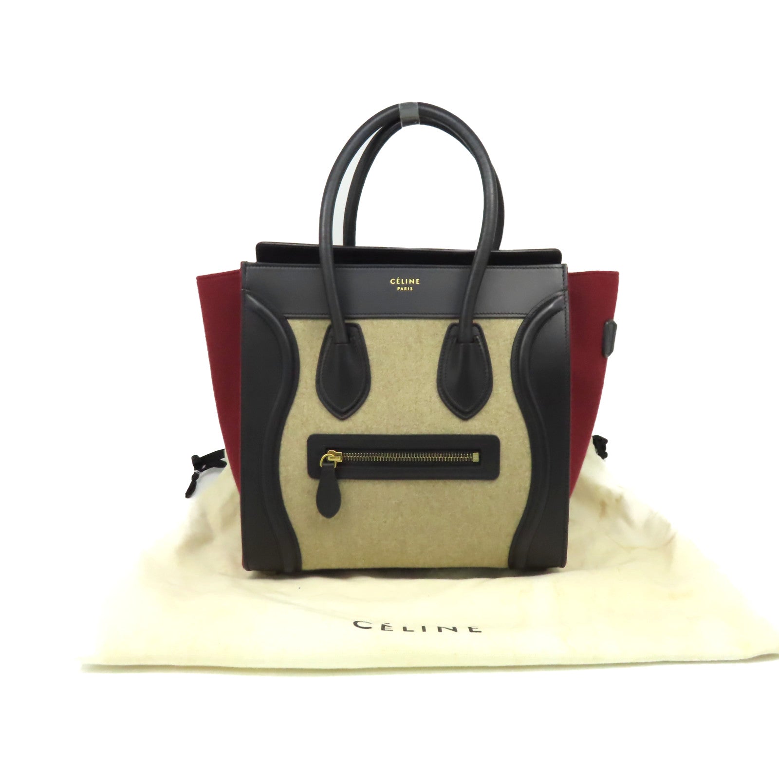 CELINE 羊毛/牛皮皮革Mirco Luggage Hand Bag手挽袋酒紅色/杏色/黑色