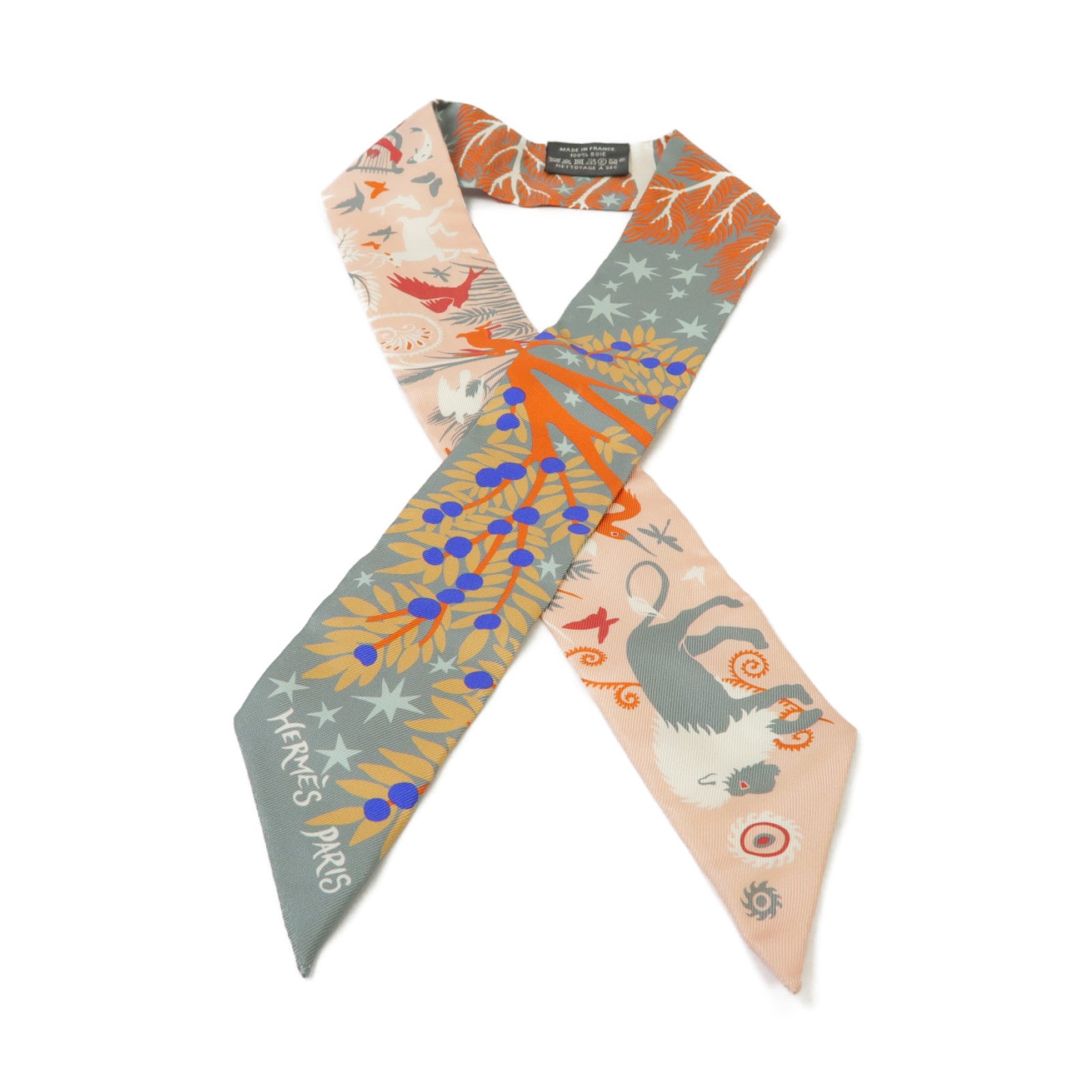 HERMES 絲質Twilly絲巾粉紅色/灰色/橙色
