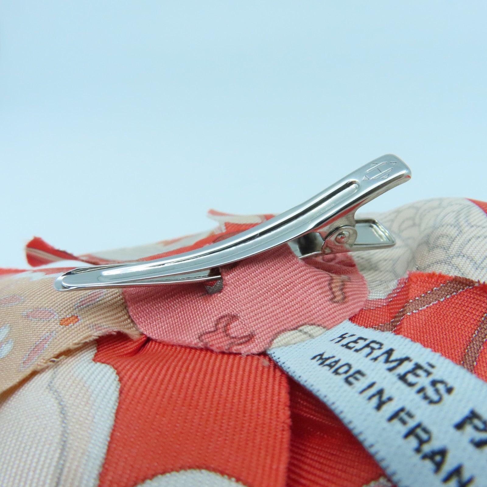 HERMES 【激減優惠】絲質Hair Clip銀扣髮夾紅色