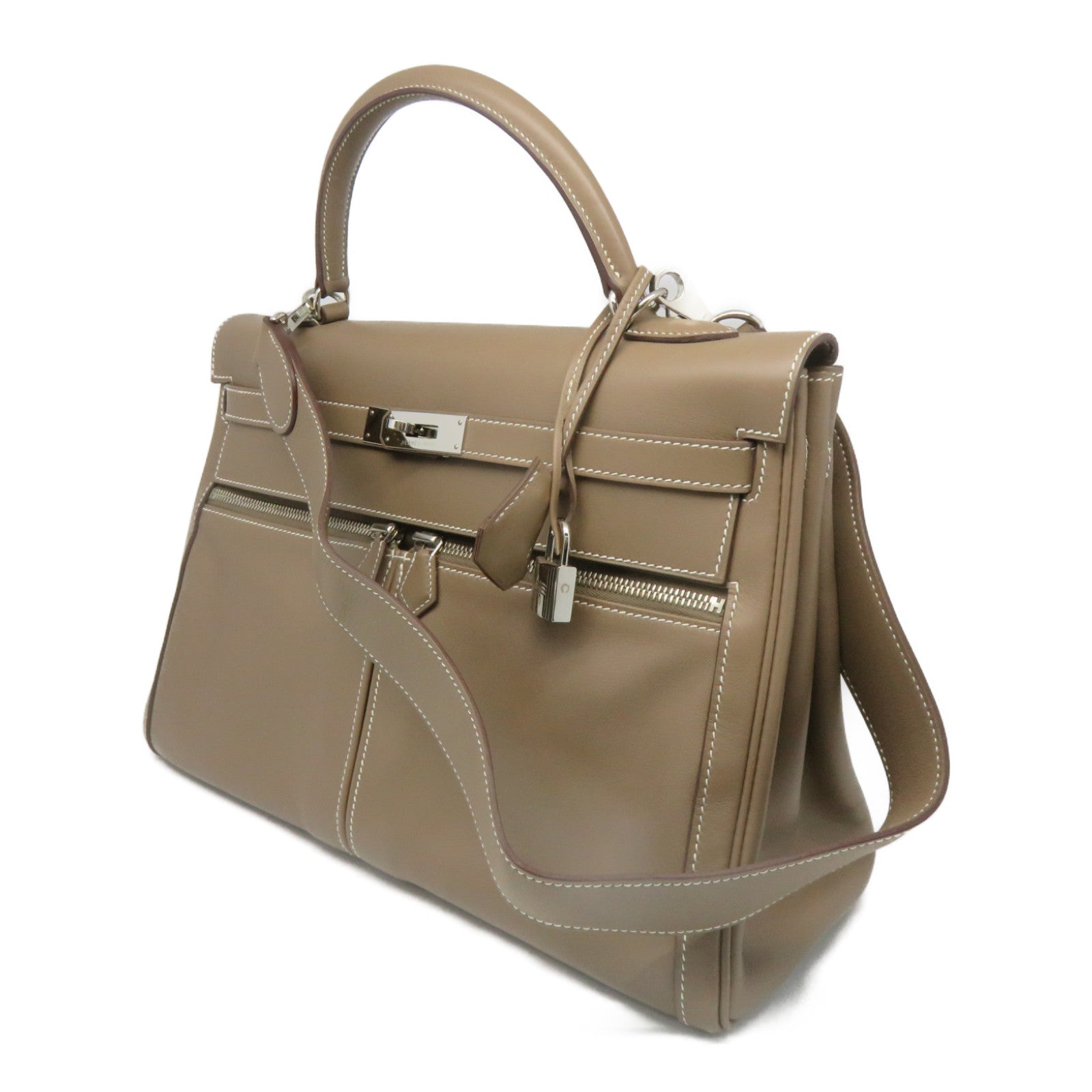 HERMES [Sharp discount] Swift leather Kelly Lakis 35 silver buckle handle bag etoupe beige