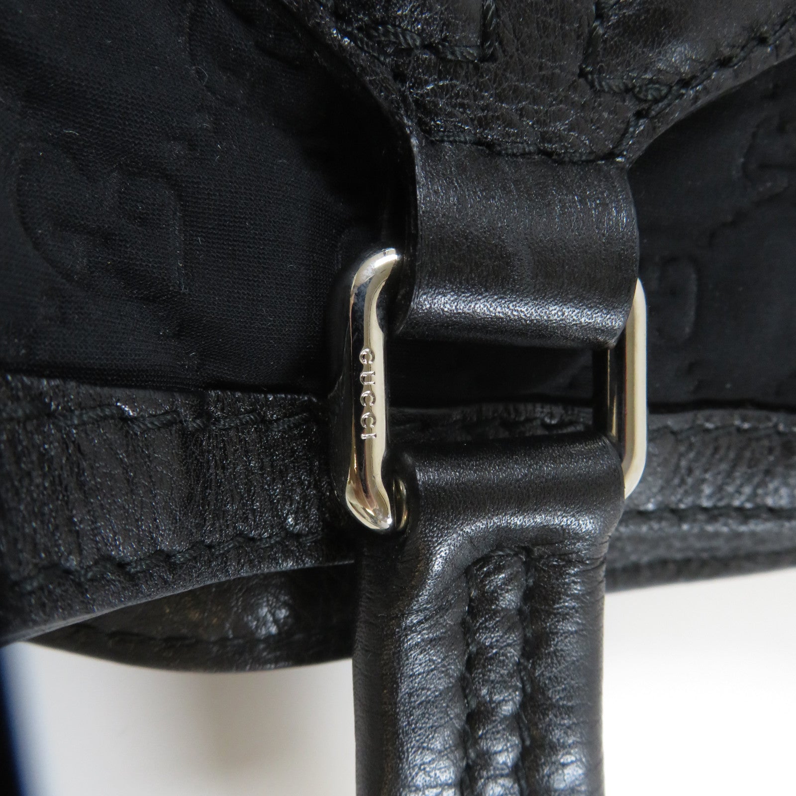 GUCCI 牛皮皮革/棉質Tote Bag銀扣手挽袋黑色