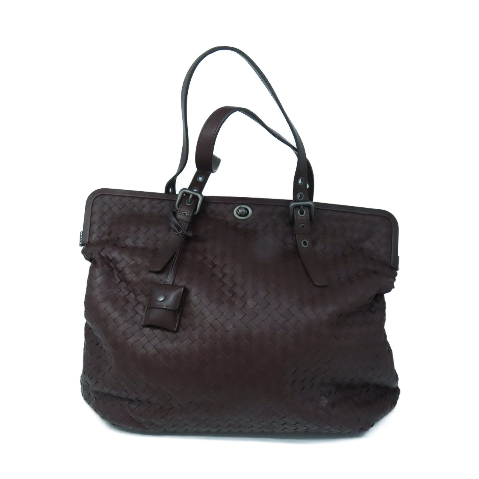 BOTTEGA VENETA Textured Leather Shoulder Bag Silver Buckle Dark Brown