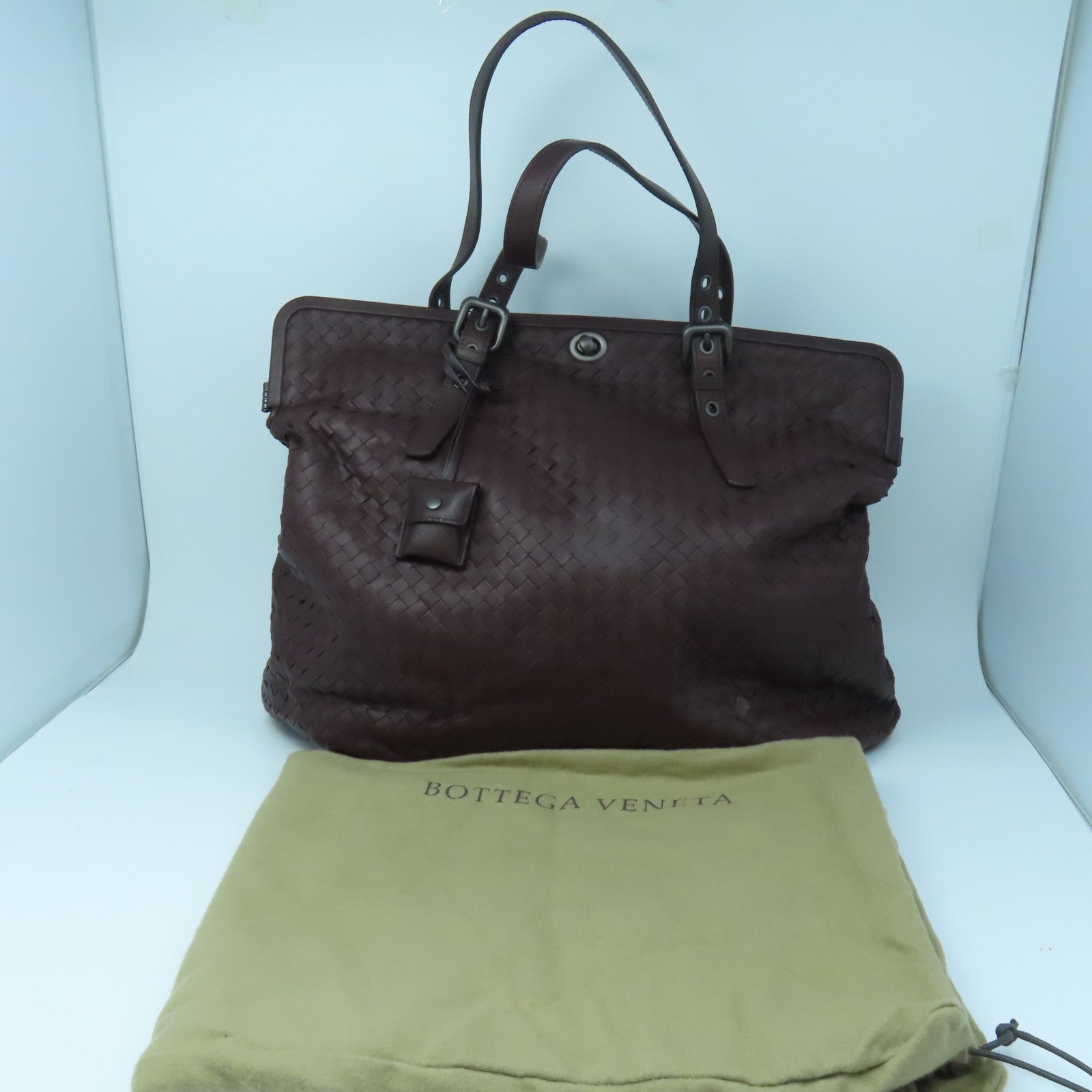 BOTTEGA VENETA Textured Leather Shoulder Bag Silver Buckle Dark Brown