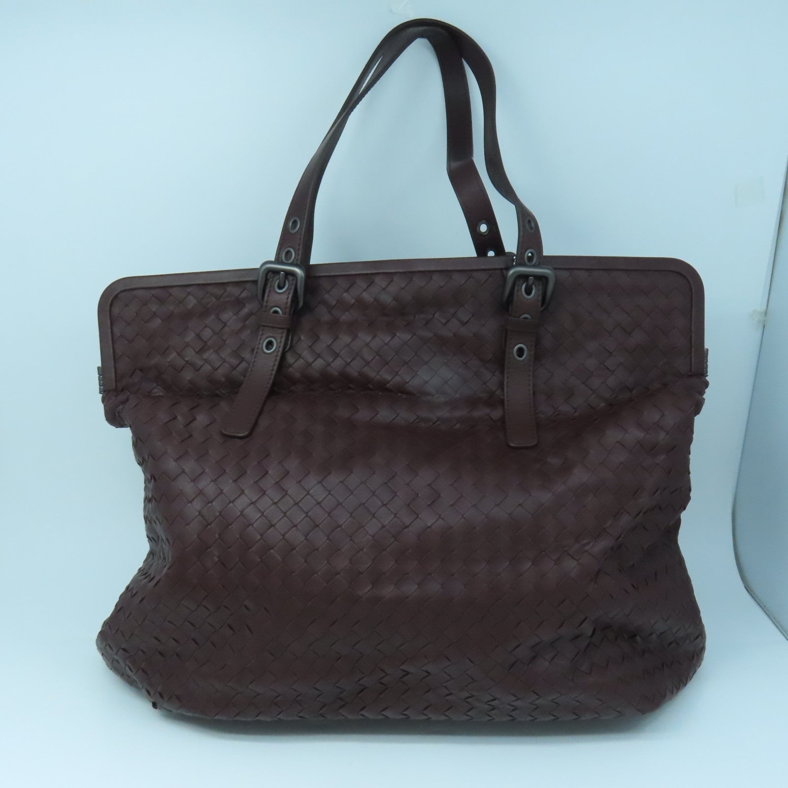 BOTTEGA VENETA Textured Leather Shoulder Bag Silver Buckle Dark Brown