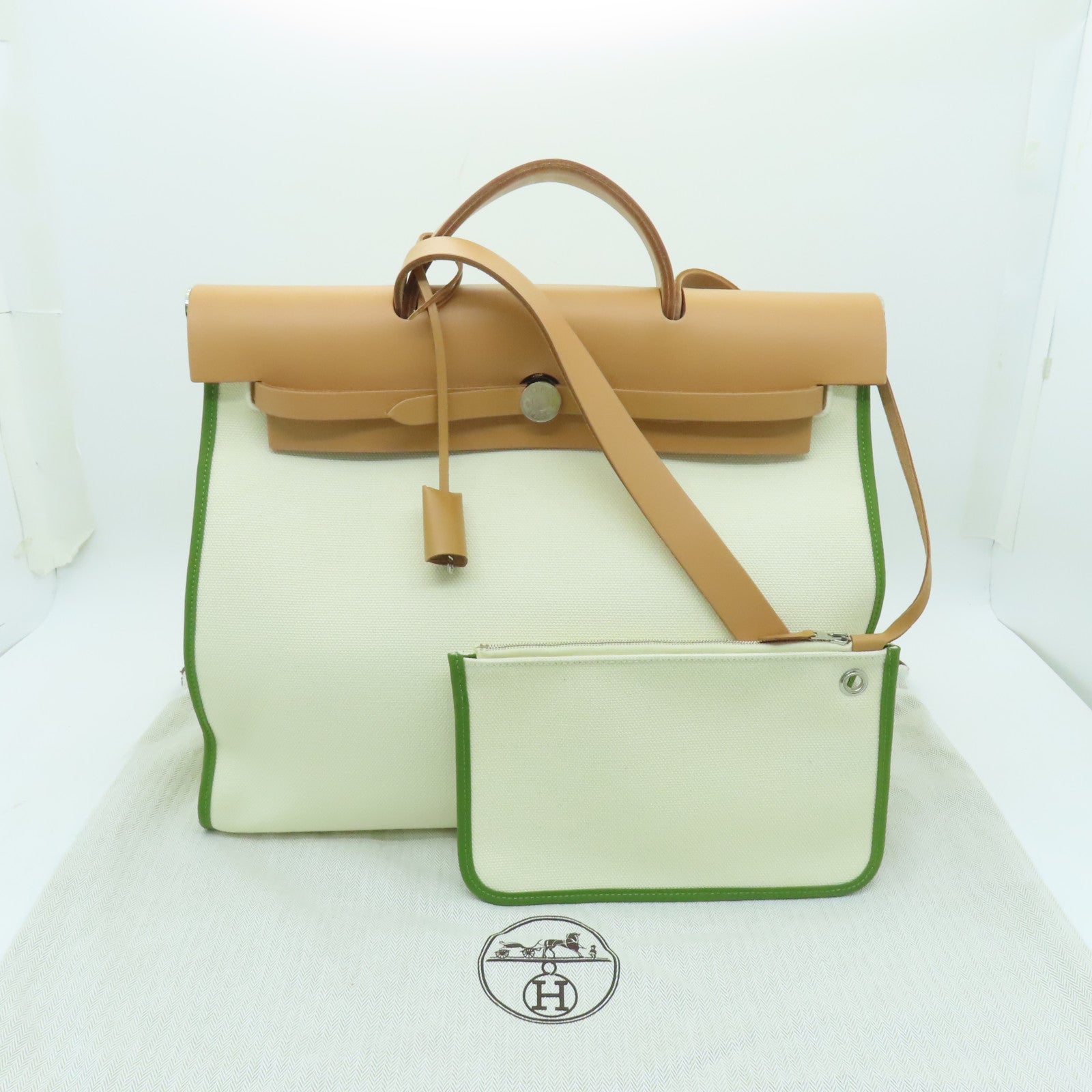 HERMES 帆布Herbag GM银扣手挽肩背两用袋白色/绿色/啡色