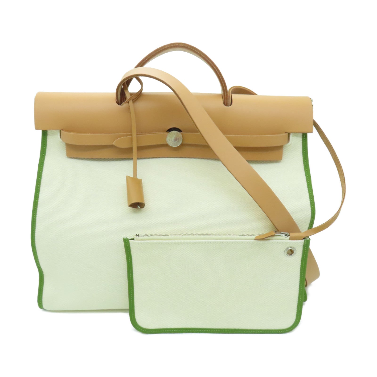 HERMES 帆布Herbag GM银扣手挽肩背两用袋白色/绿色/啡色