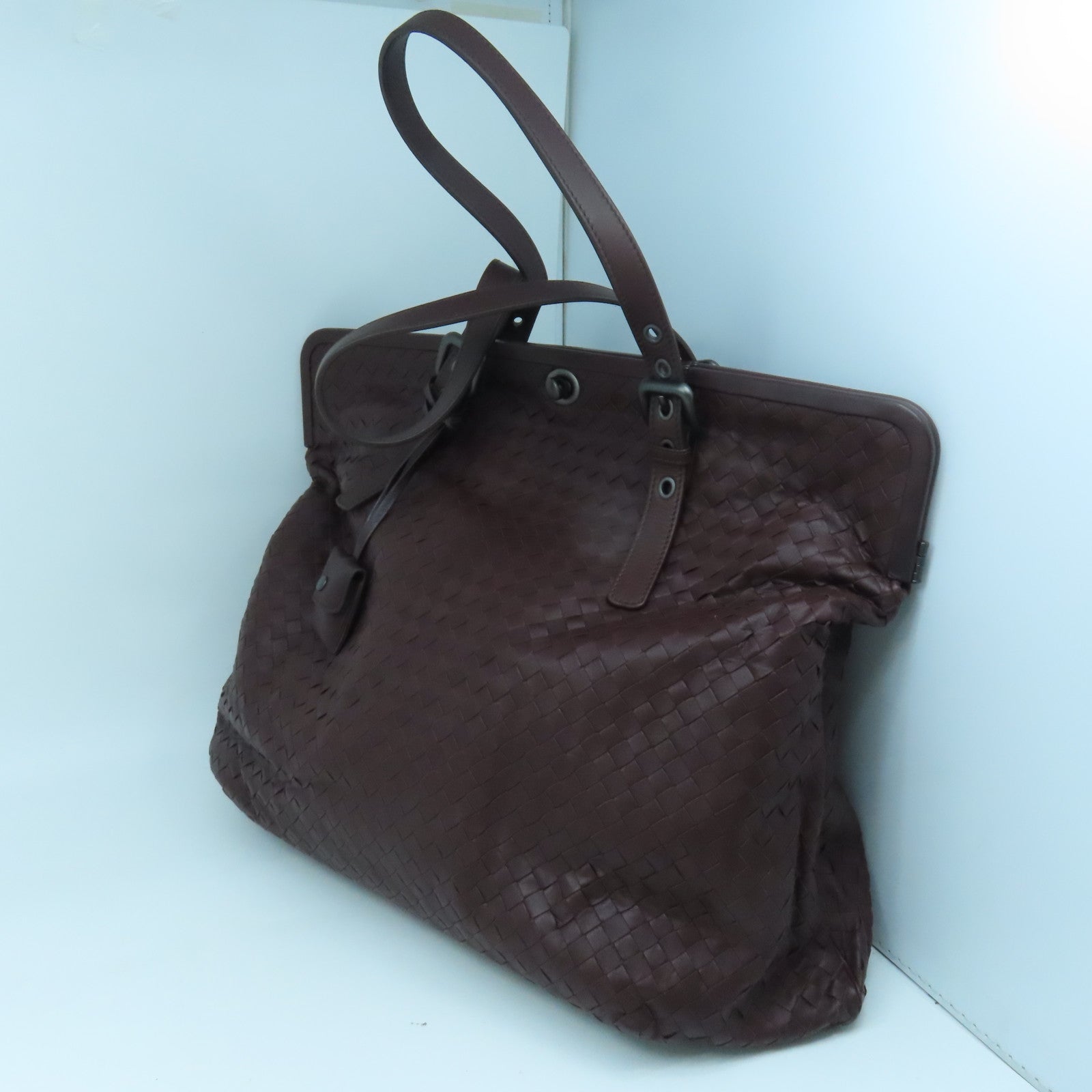 BOTTEGA VENETA Textured Leather Shoulder Bag Silver Buckle Dark Brown