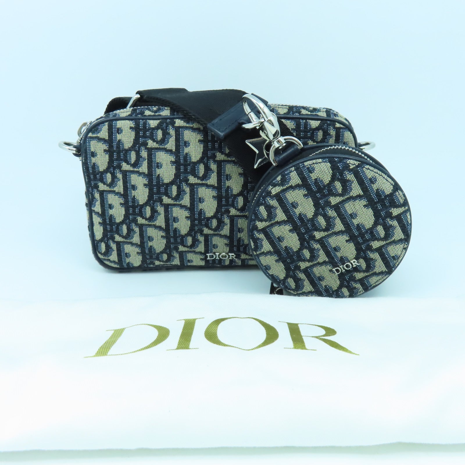 Dior 帆布Dior Oblique銀扣肩背袋藍色