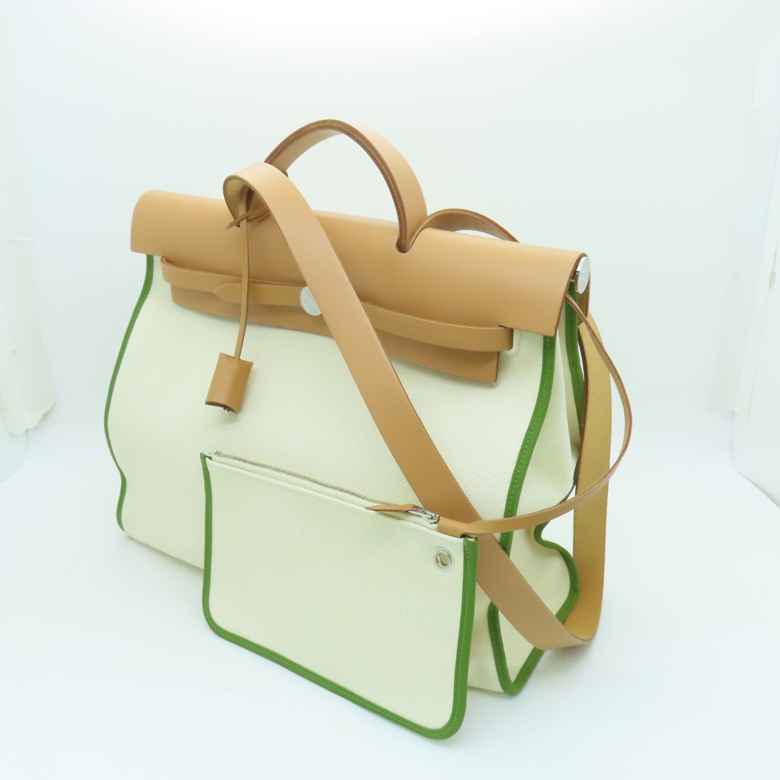 HERMES 帆布Herbag GM银扣手挽肩背两用袋白色/绿色/啡色