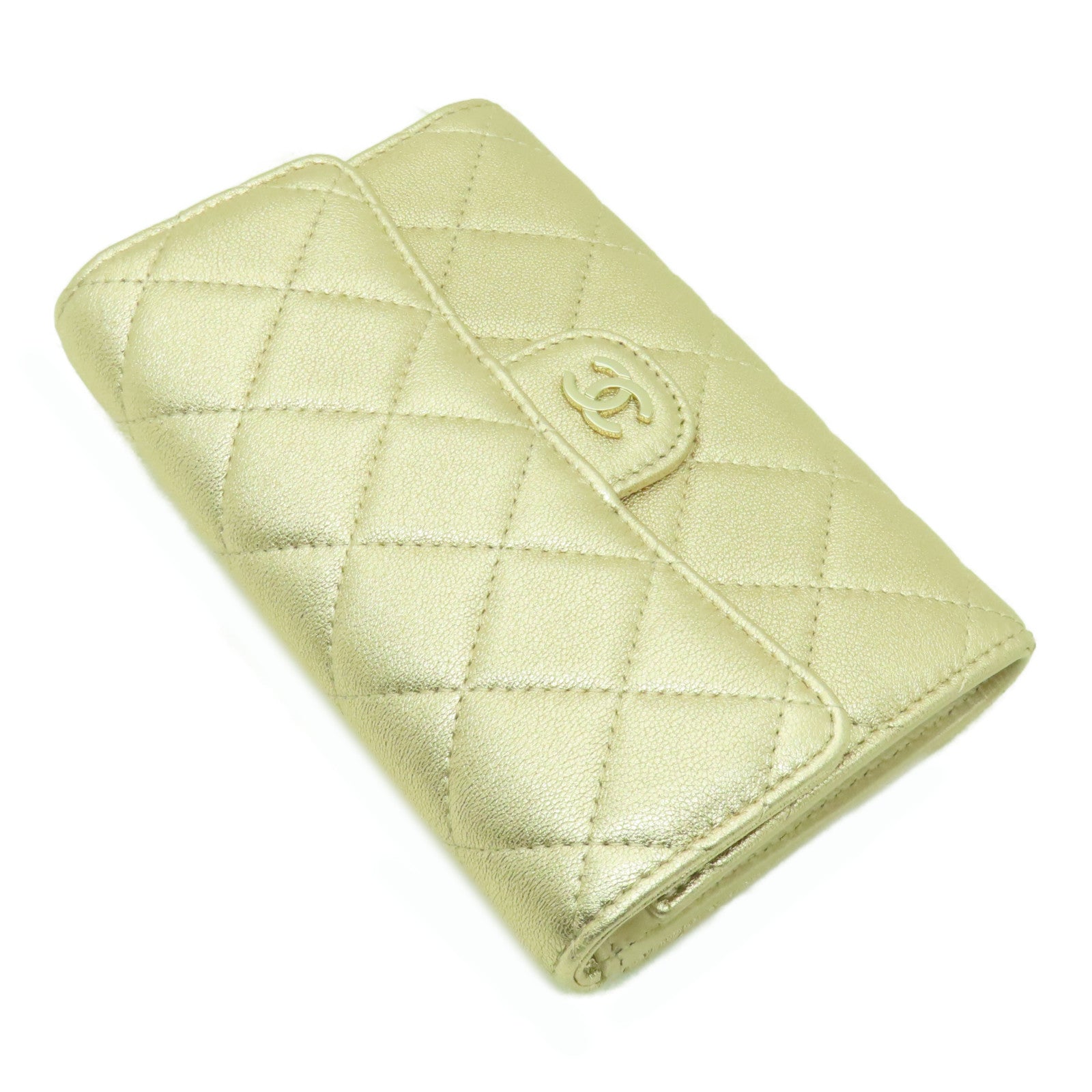 CHANEL 菱格羊皮皮革Classic Flap Wallet金扣長錢包金色
