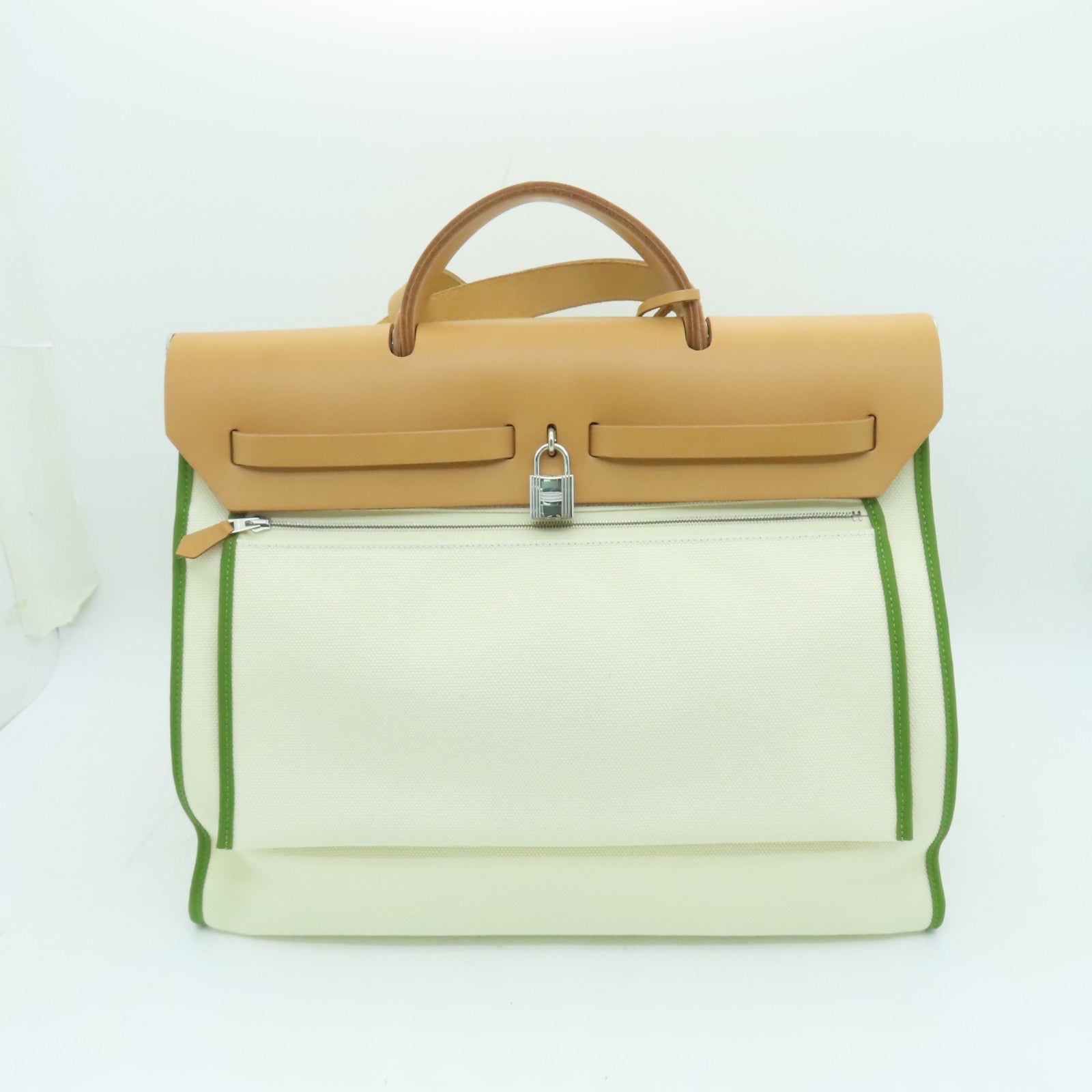 HERMES 帆布Herbag GM银扣手挽肩背两用袋白色/绿色/啡色