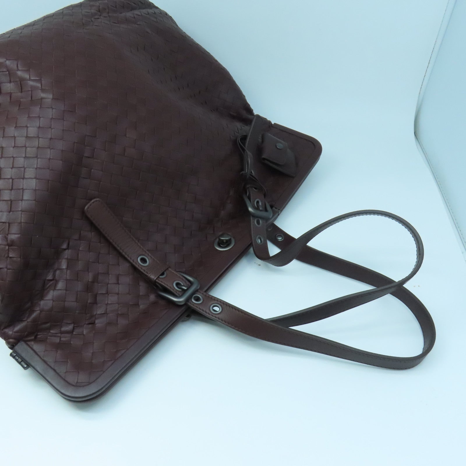 BOTTEGA VENETA Textured Leather Shoulder Bag Silver Buckle Dark Brown