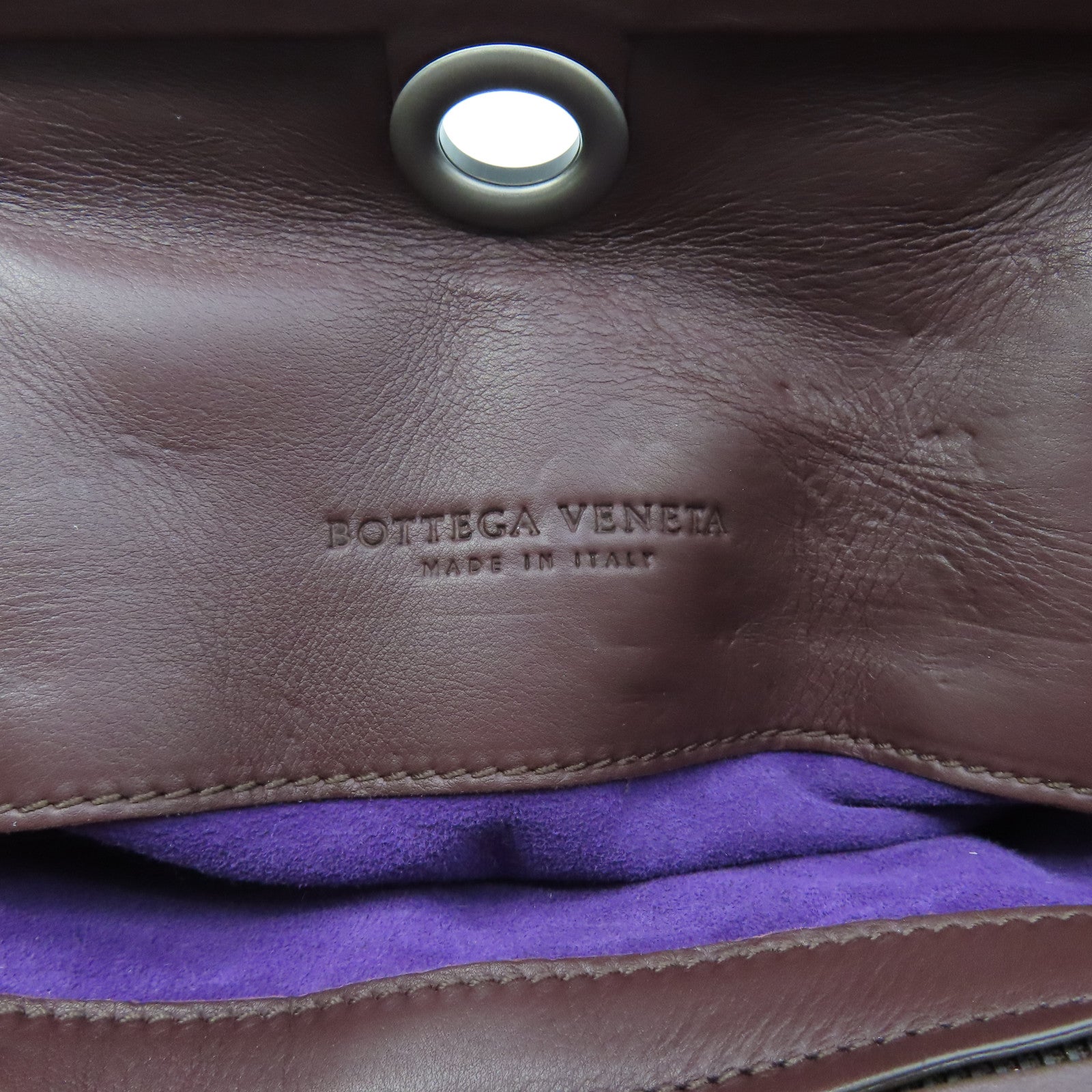 BOTTEGA VENETA Textured Leather Shoulder Bag Silver Buckle Dark Brown