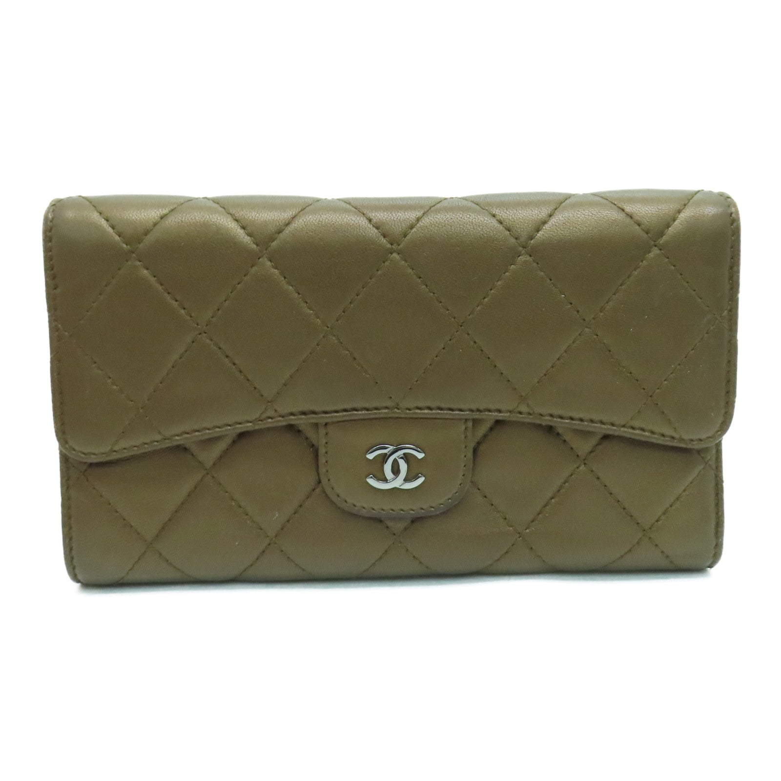 CHANEL 菱格牛皮皮革Long Wallet銀扣長錢包啡色