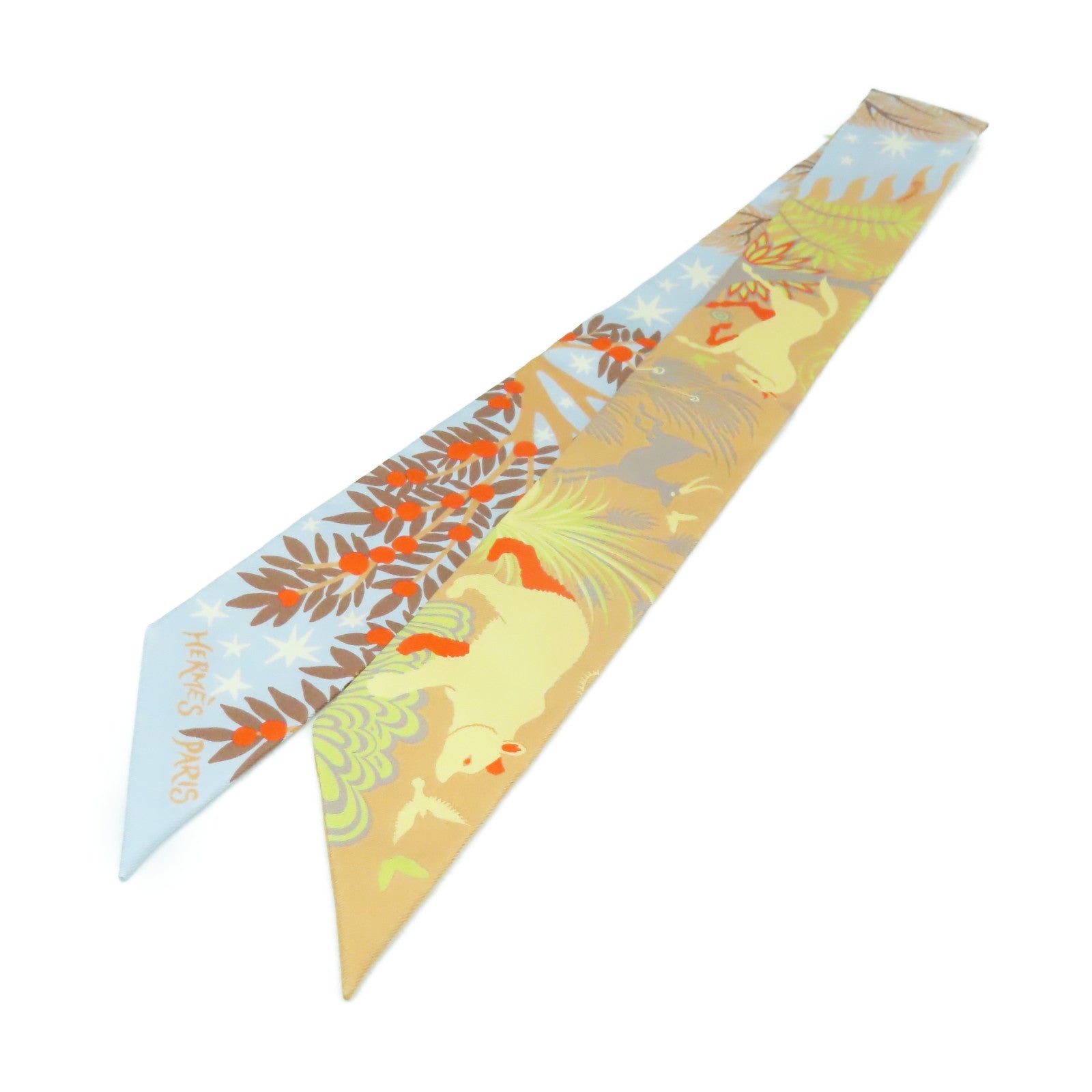 HERMES 絲質Twilly Scarf絲巾淺藍色/淺啡色/橙色/彩色