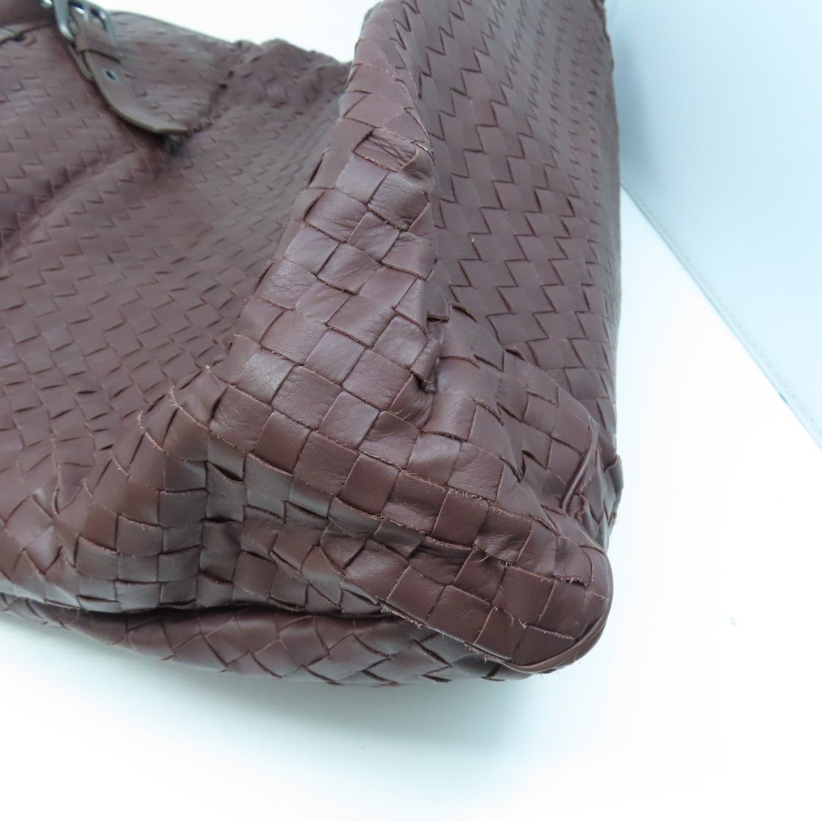 BOTTEGA VENETA Textured Leather Shoulder Bag Silver Buckle Dark Brown