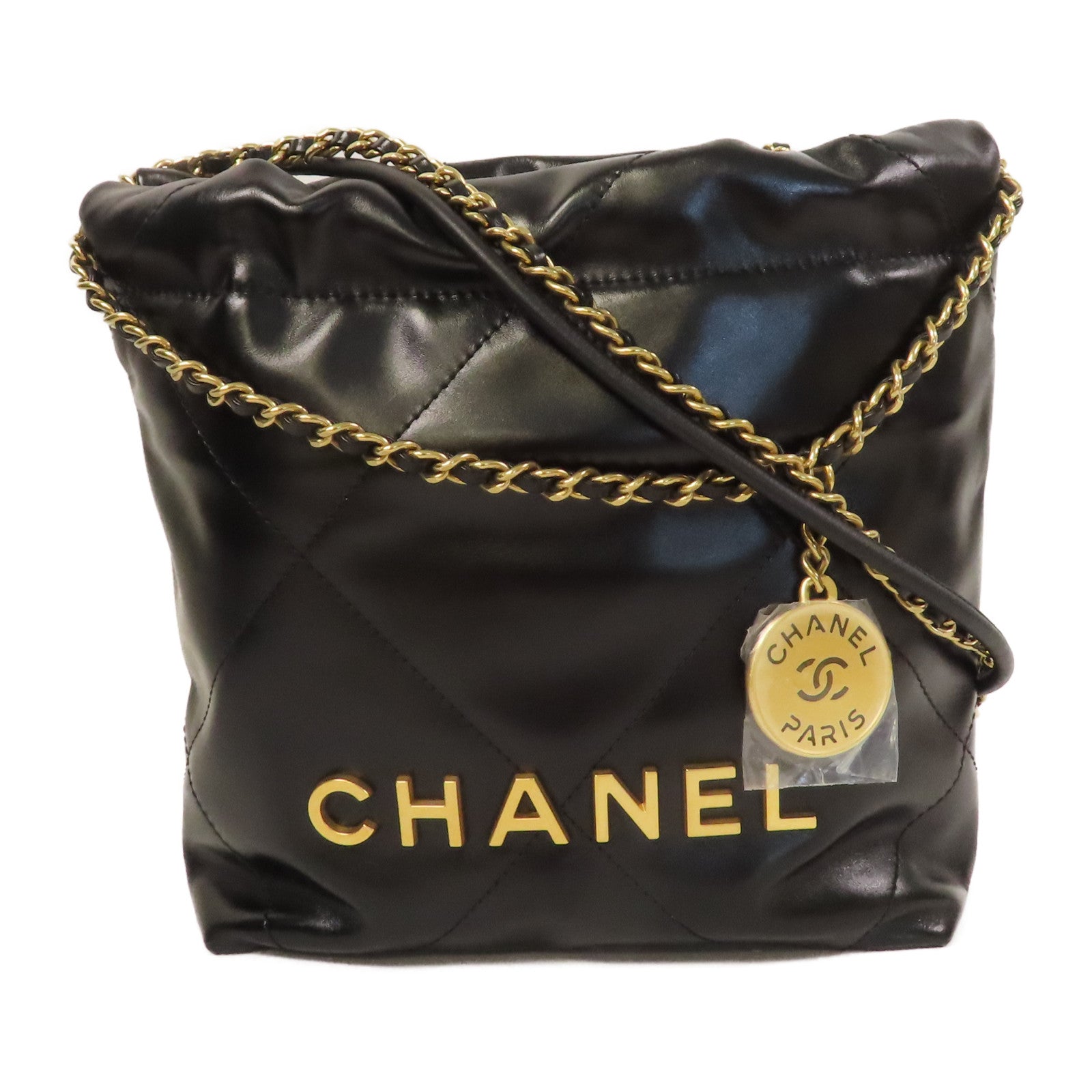 CHANEL 菱格羊皮皮革Mini 22 Bag金扣鏈帶肩背袋黑色