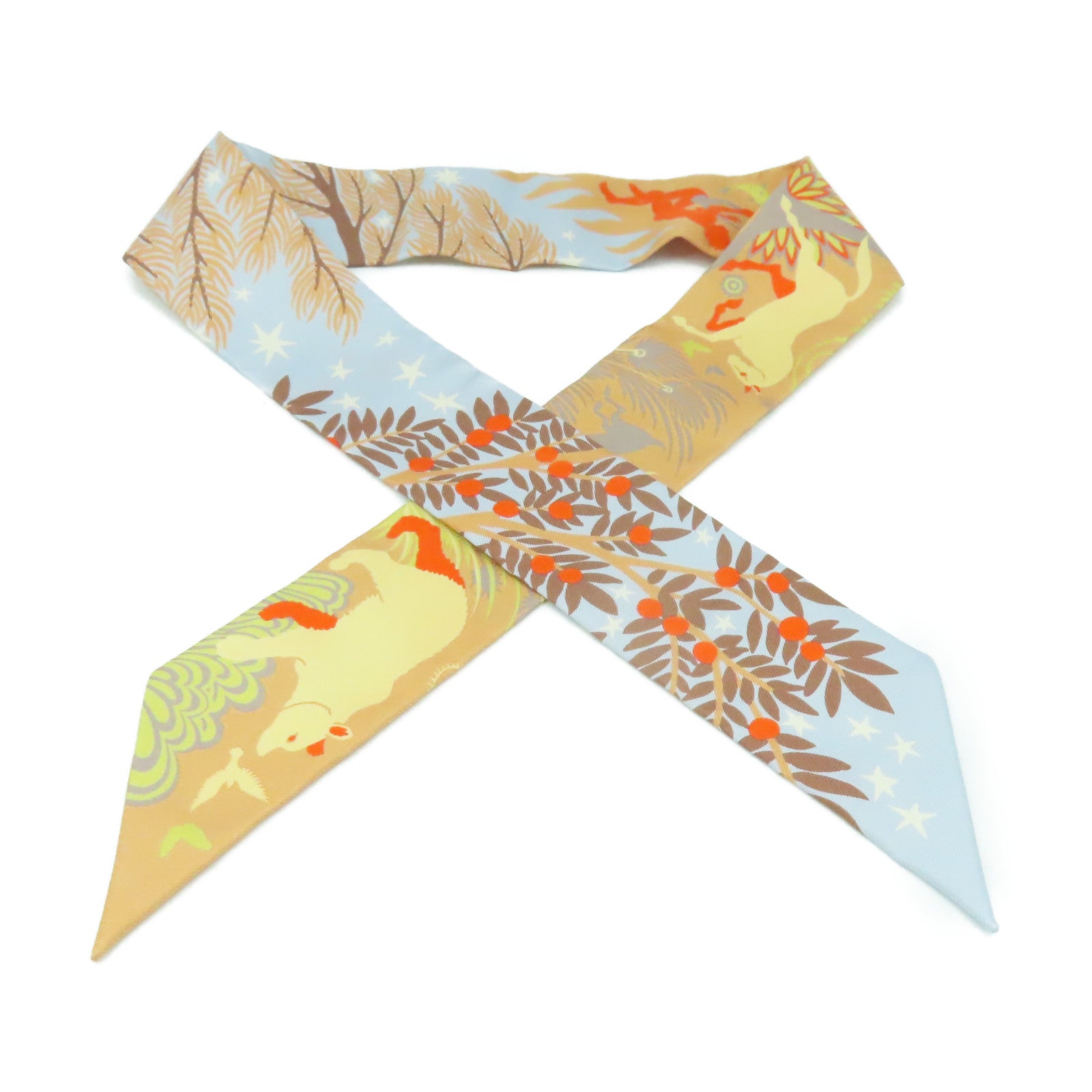 HERMES 絲質Twilly Scarf絲巾淺藍色/淺啡色/橙色/彩色