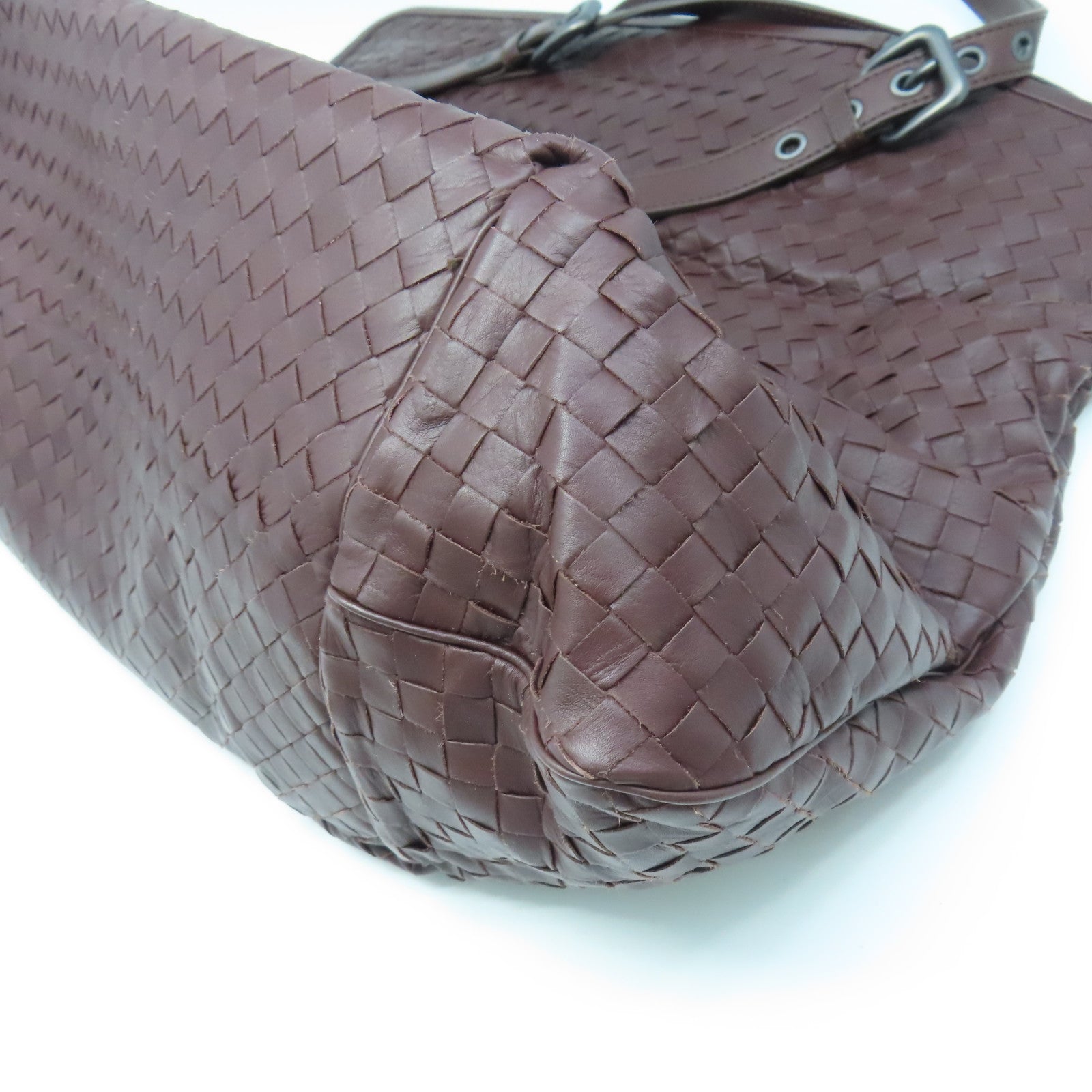 BOTTEGA VENETA Textured Leather Shoulder Bag Silver Buckle Dark Brown