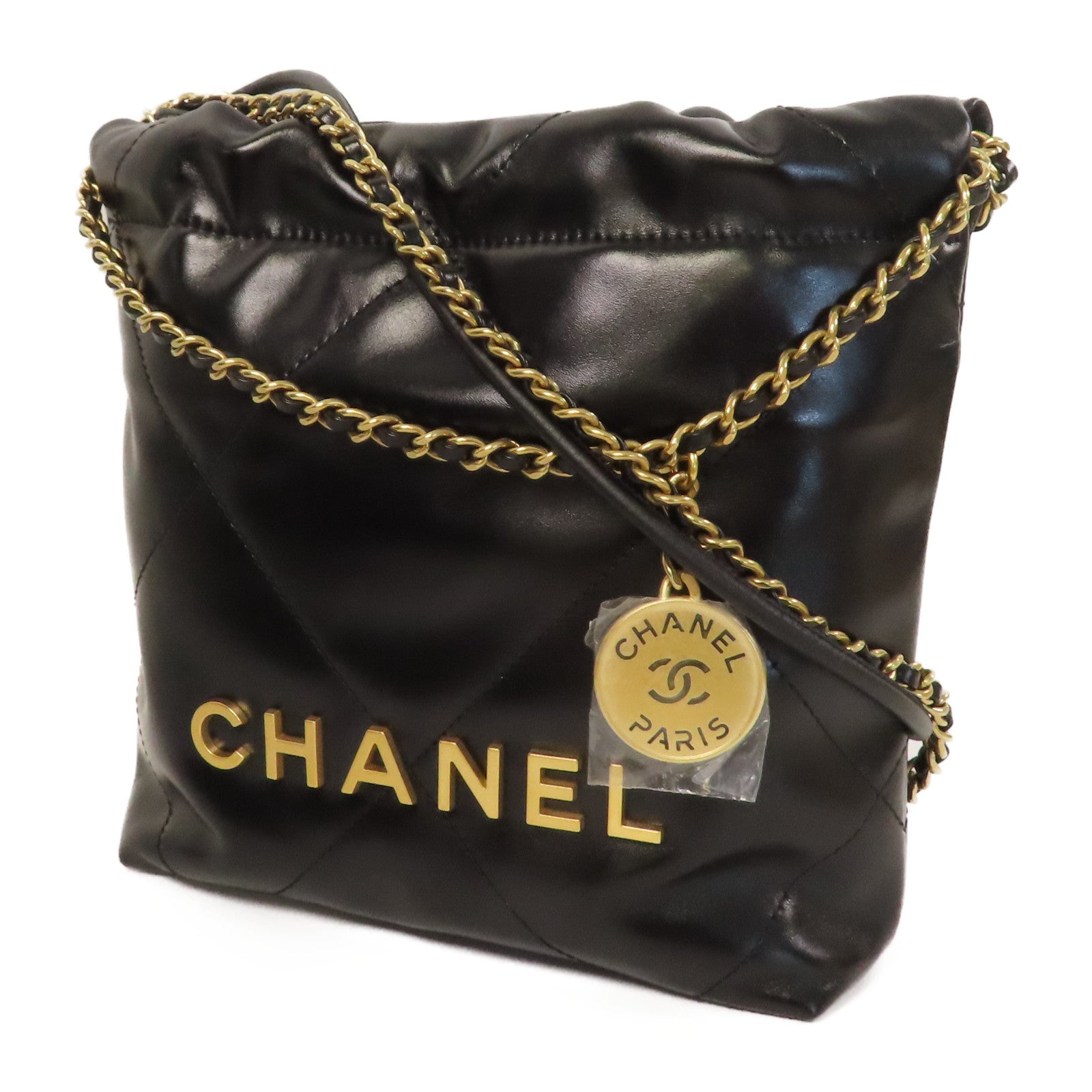 CHANEL 菱格羊皮皮革Mini 22 Bag金扣鏈帶肩背袋黑色