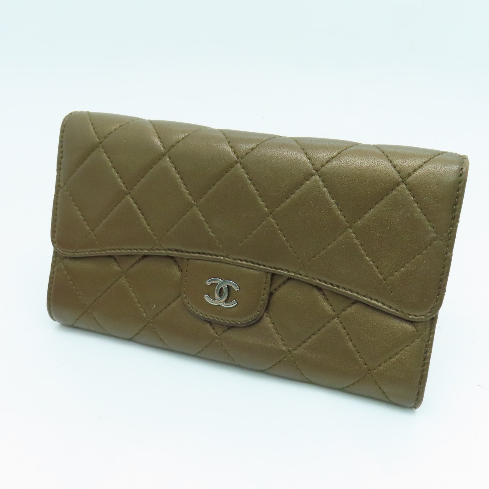 CHANEL 菱格牛皮皮革Long Wallet銀扣長錢包啡色