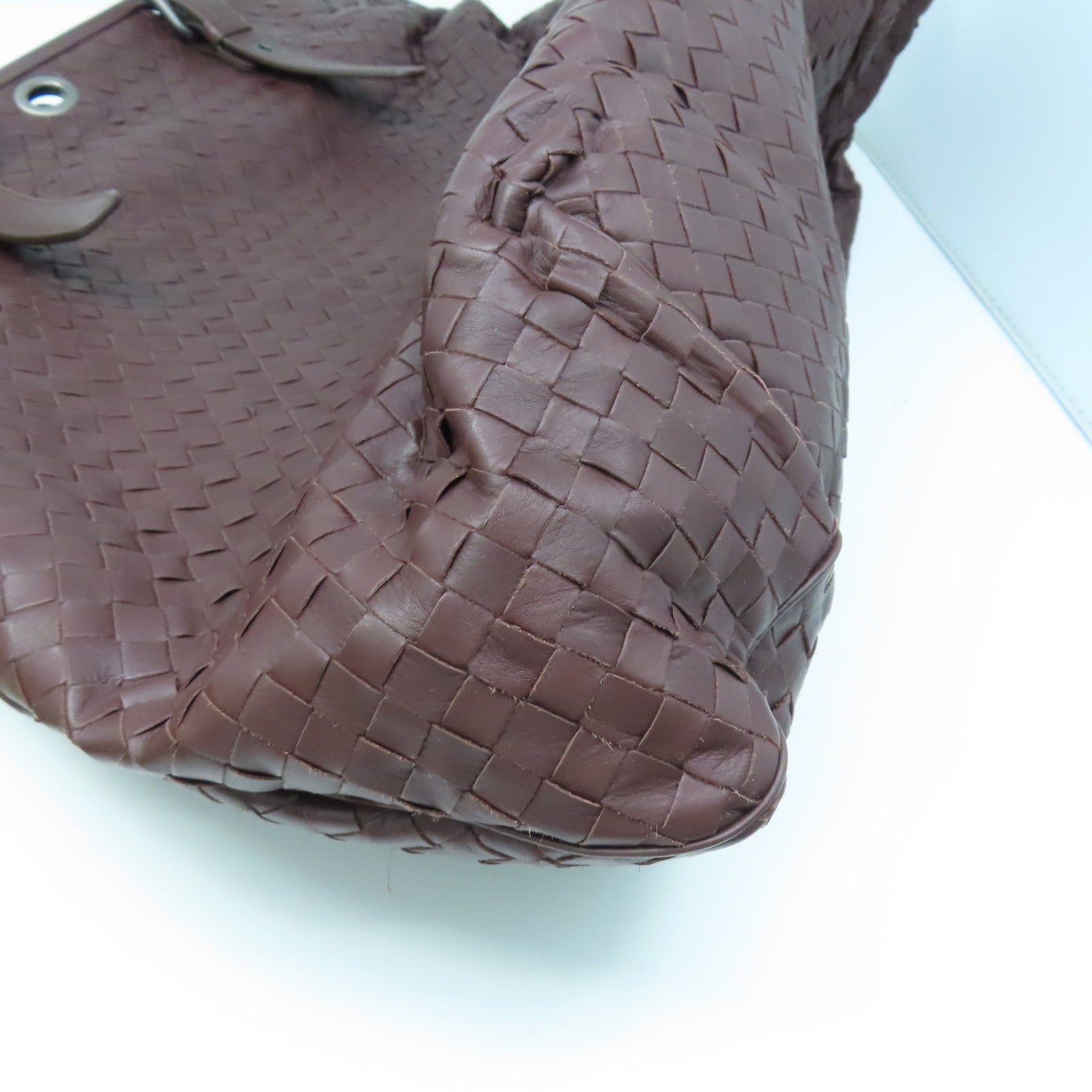 BOTTEGA VENETA Textured Leather Shoulder Bag Silver Buckle Dark Brown