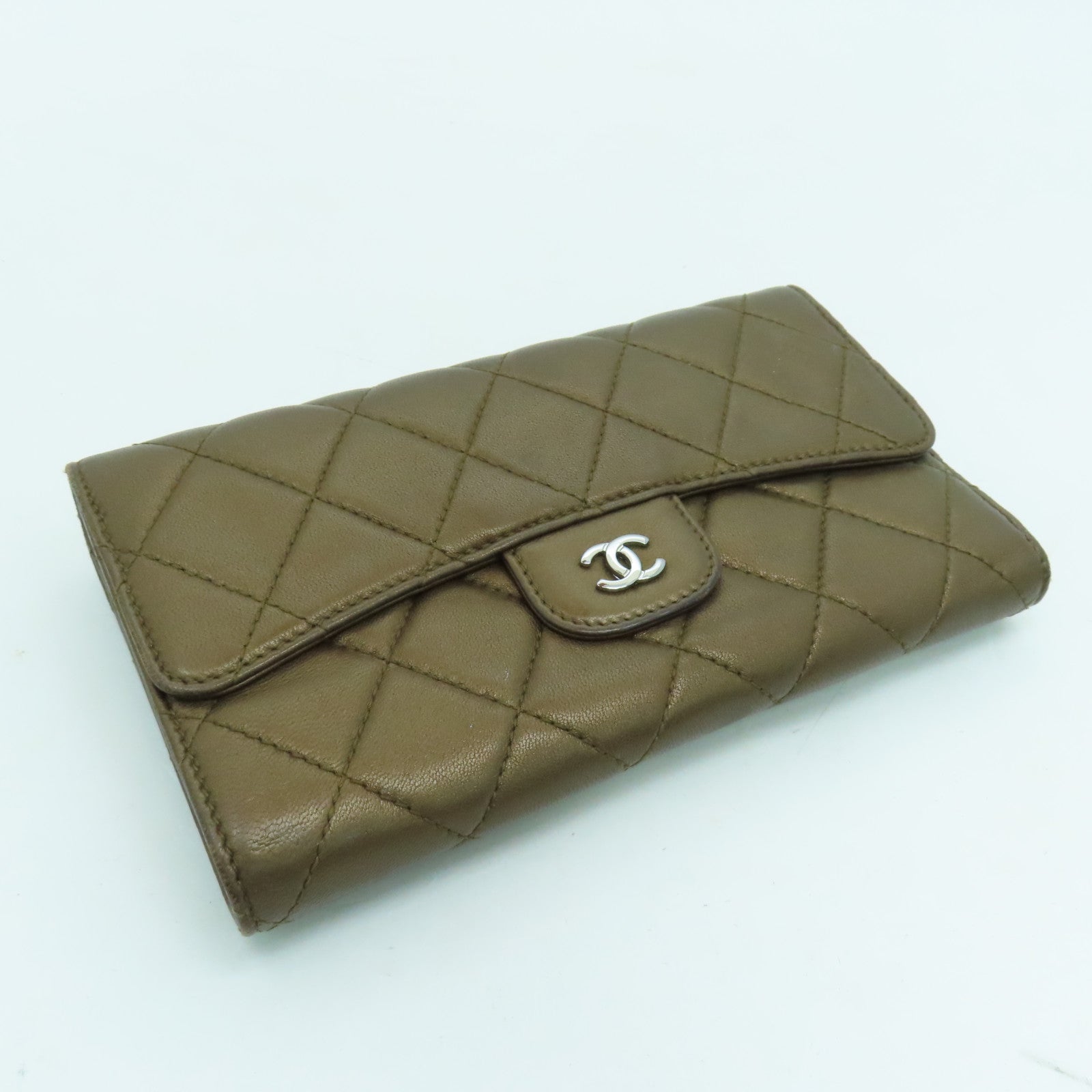 CHANEL 菱格牛皮皮革Long Wallet銀扣長錢包啡色