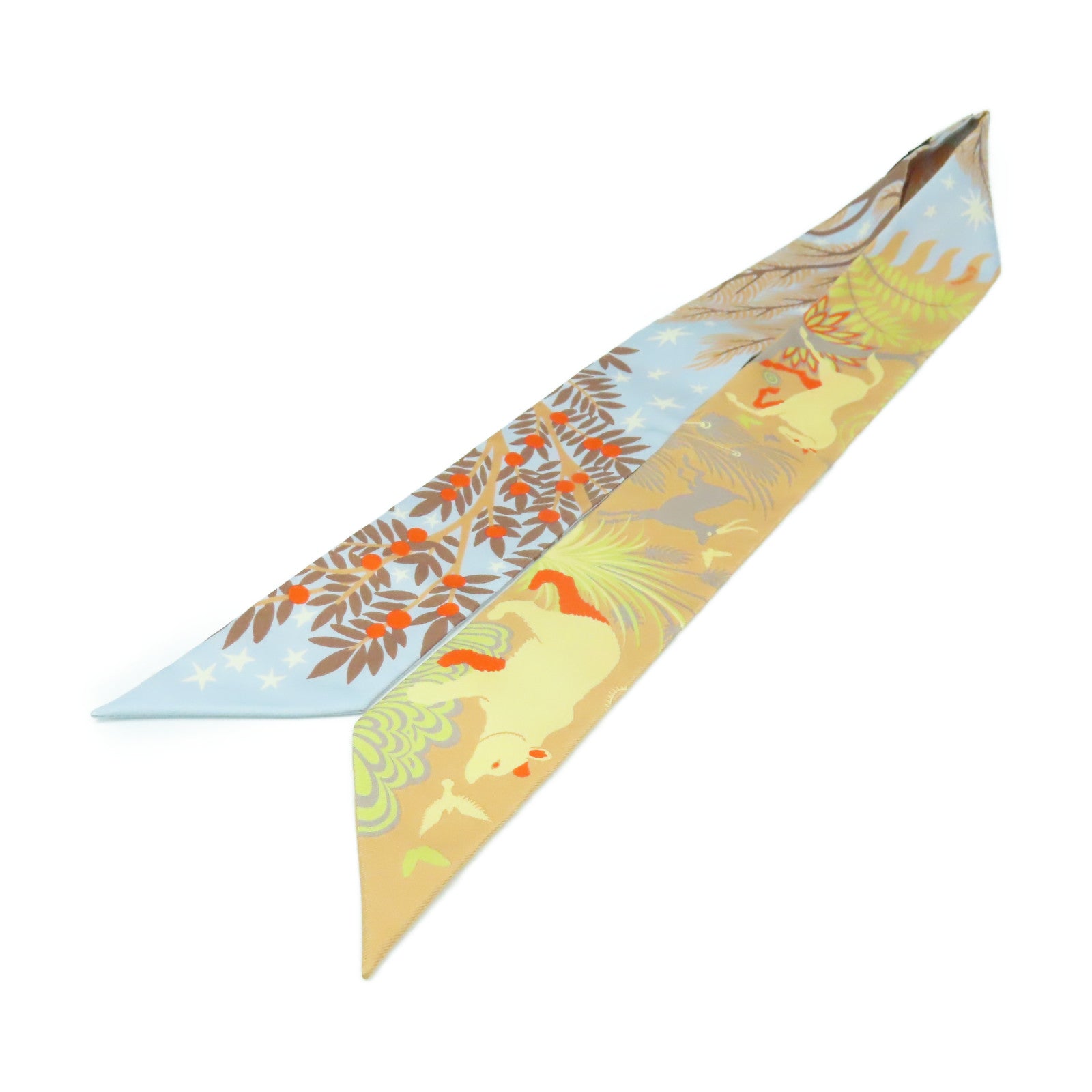 HERMES 絲質Twilly Scarf絲巾淺藍色/淺啡色/橙色/彩色