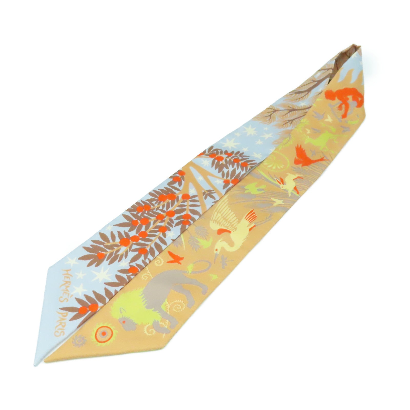 HERMES 絲質Twilly Scarf絲巾淺藍色/淺啡色/橙色/彩色