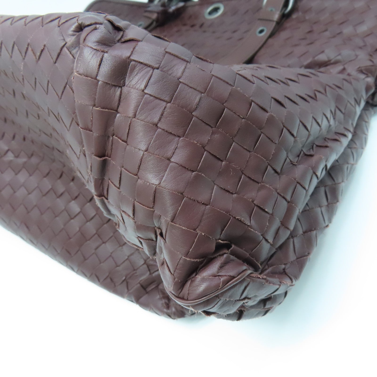 BOTTEGA VENETA Textured Leather Shoulder Bag Silver Buckle Dark Brown