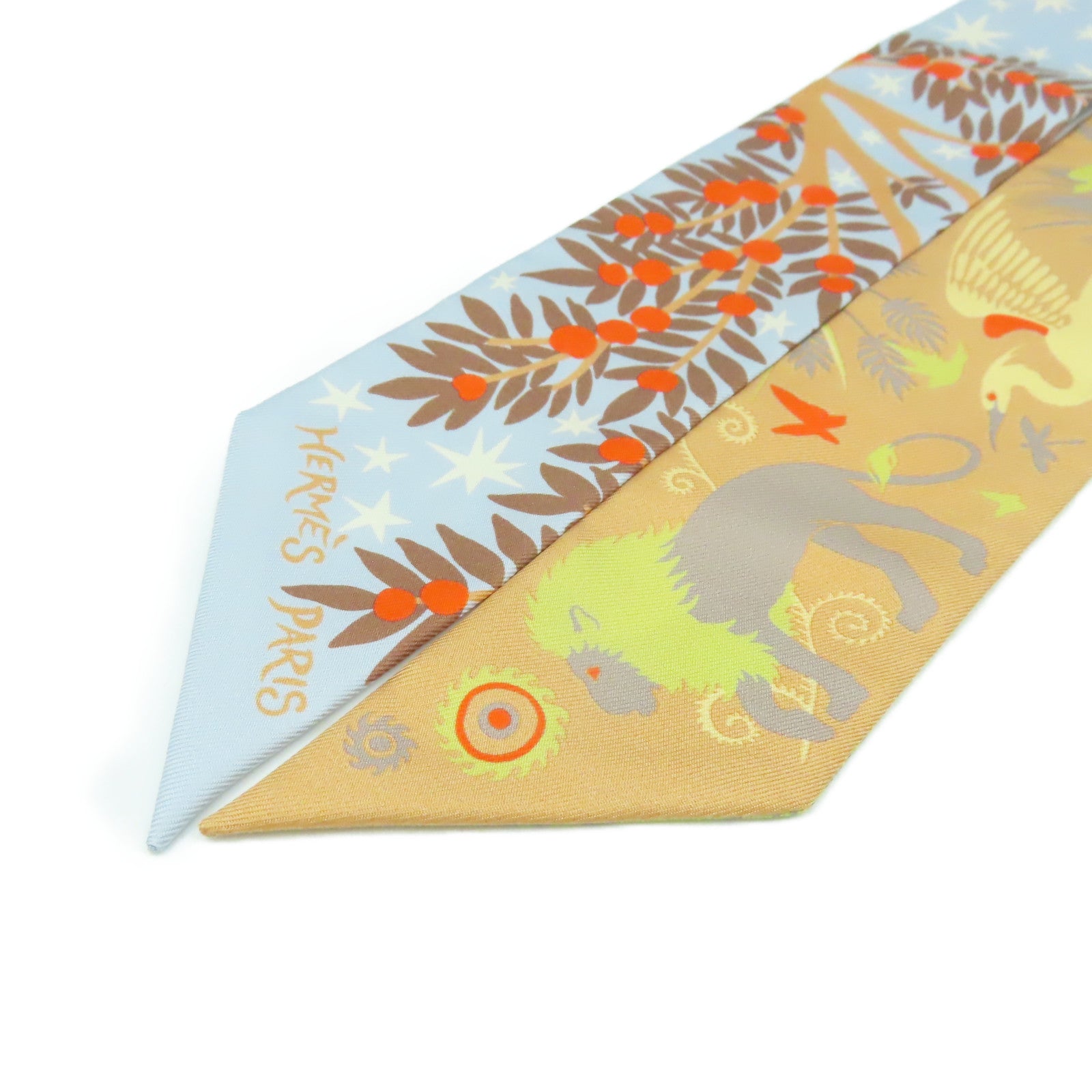 HERMES 絲質Twilly Scarf絲巾淺藍色/淺啡色/橙色/彩色