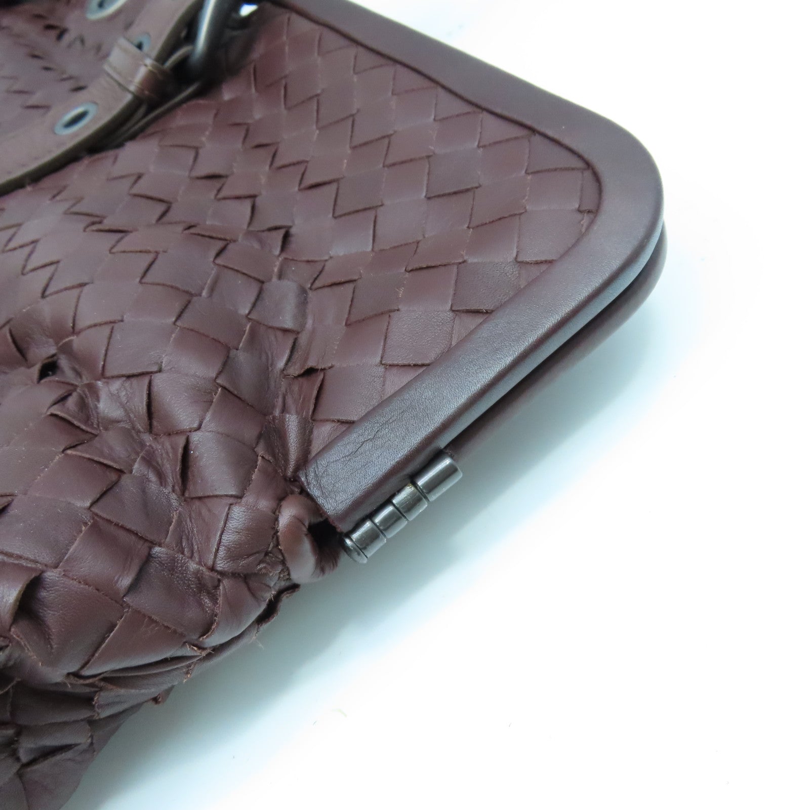 BOTTEGA VENETA Textured Leather Shoulder Bag Silver Buckle Dark Brown