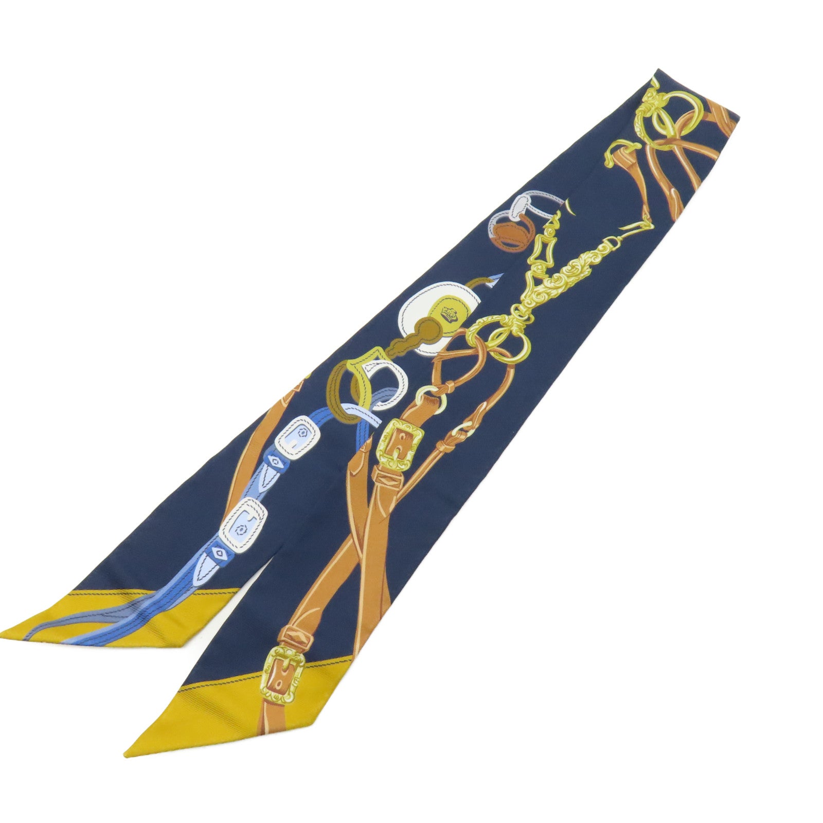 HERMES 絲質Twilly絲巾深藍色/黃色/啡色