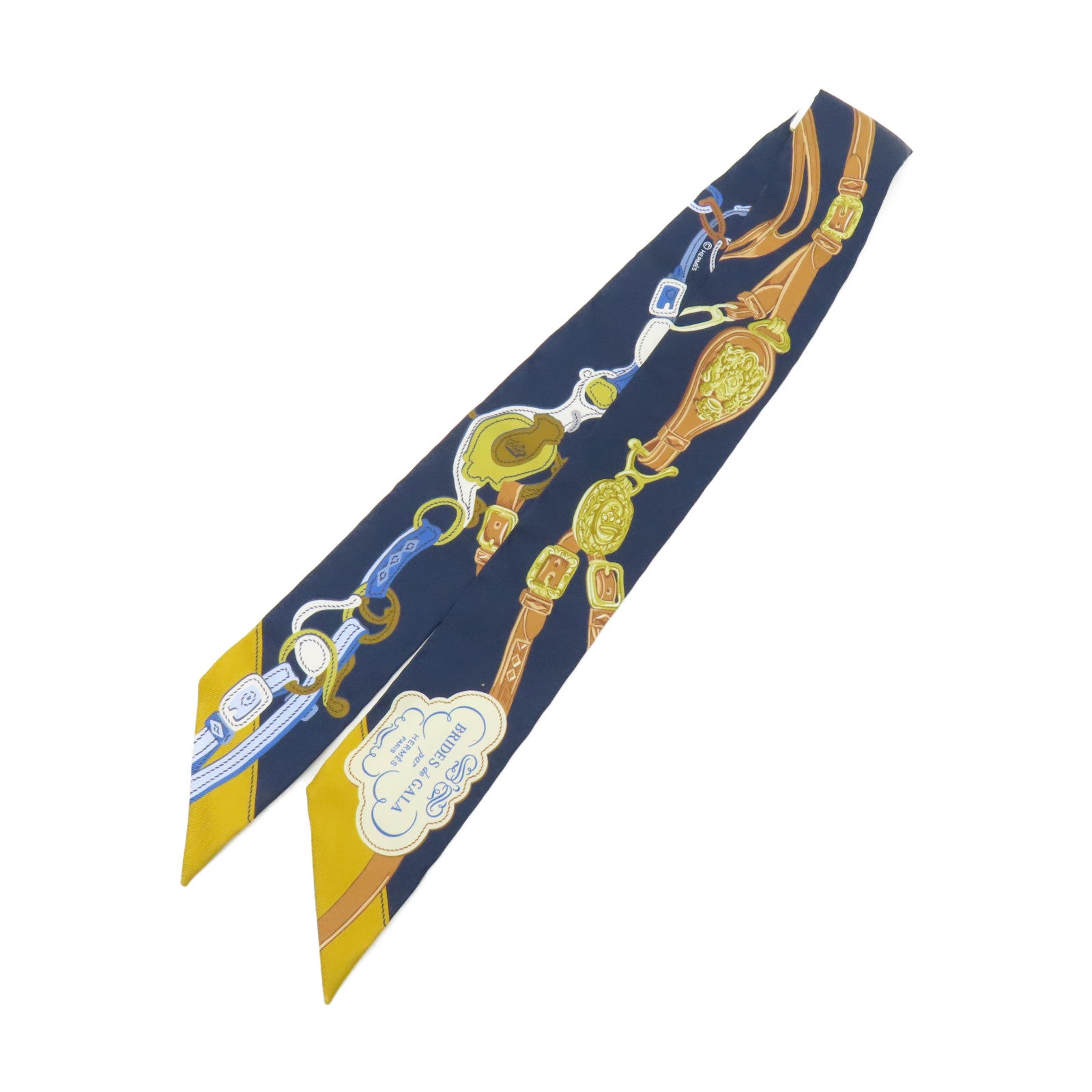 HERMES 絲質Twilly絲巾深藍色/黃色/啡色