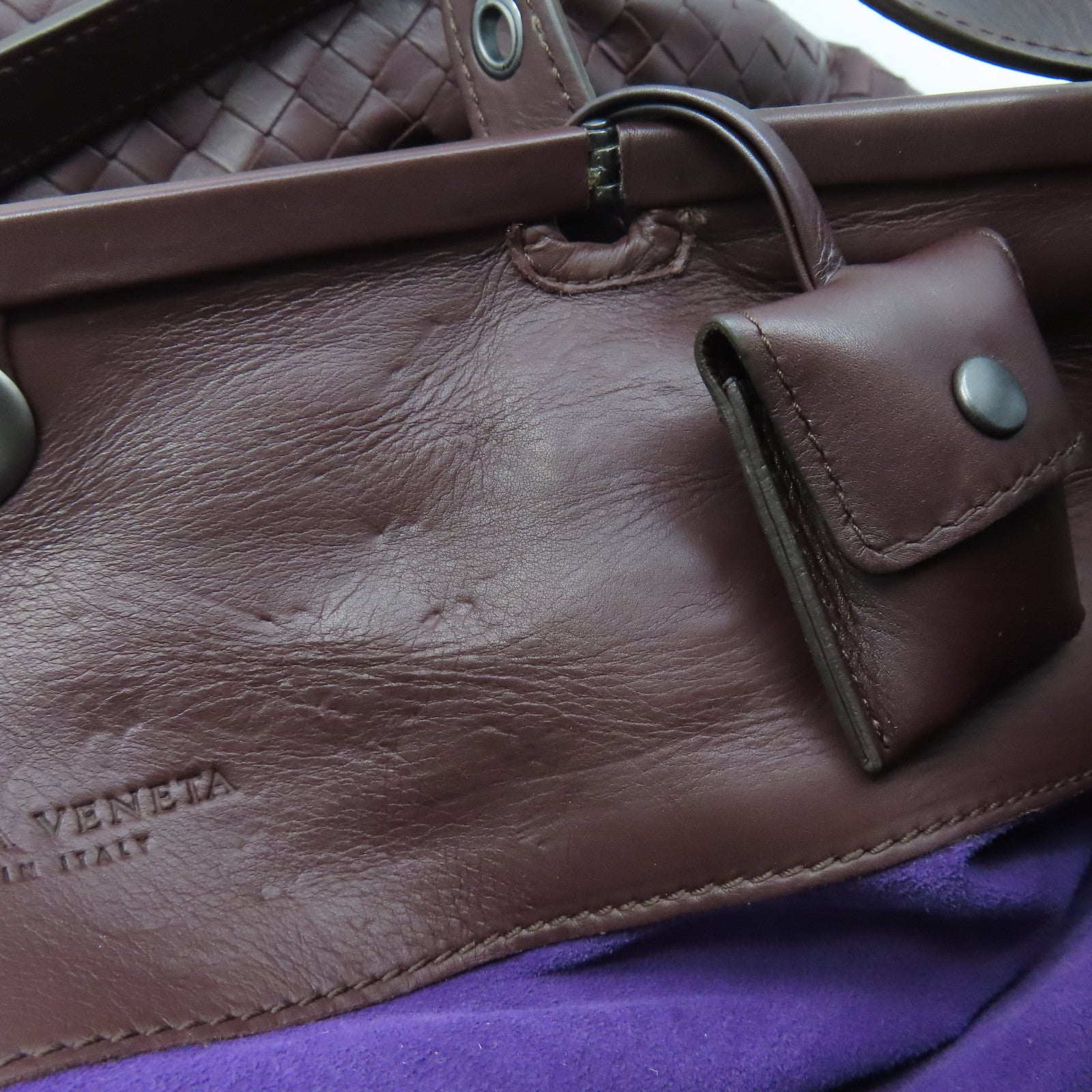 BOTTEGA VENETA Textured Leather Shoulder Bag Silver Buckle Dark Brown
