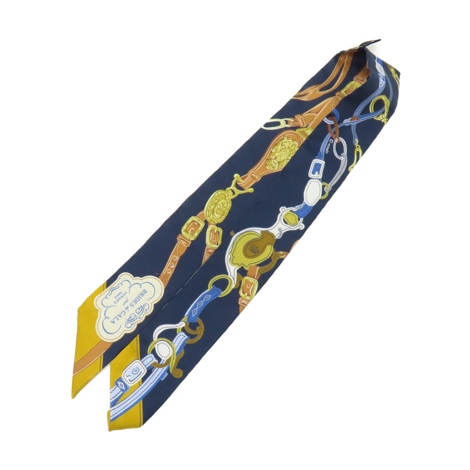 HERMES 絲質Twilly絲巾深藍色/黃色/啡色