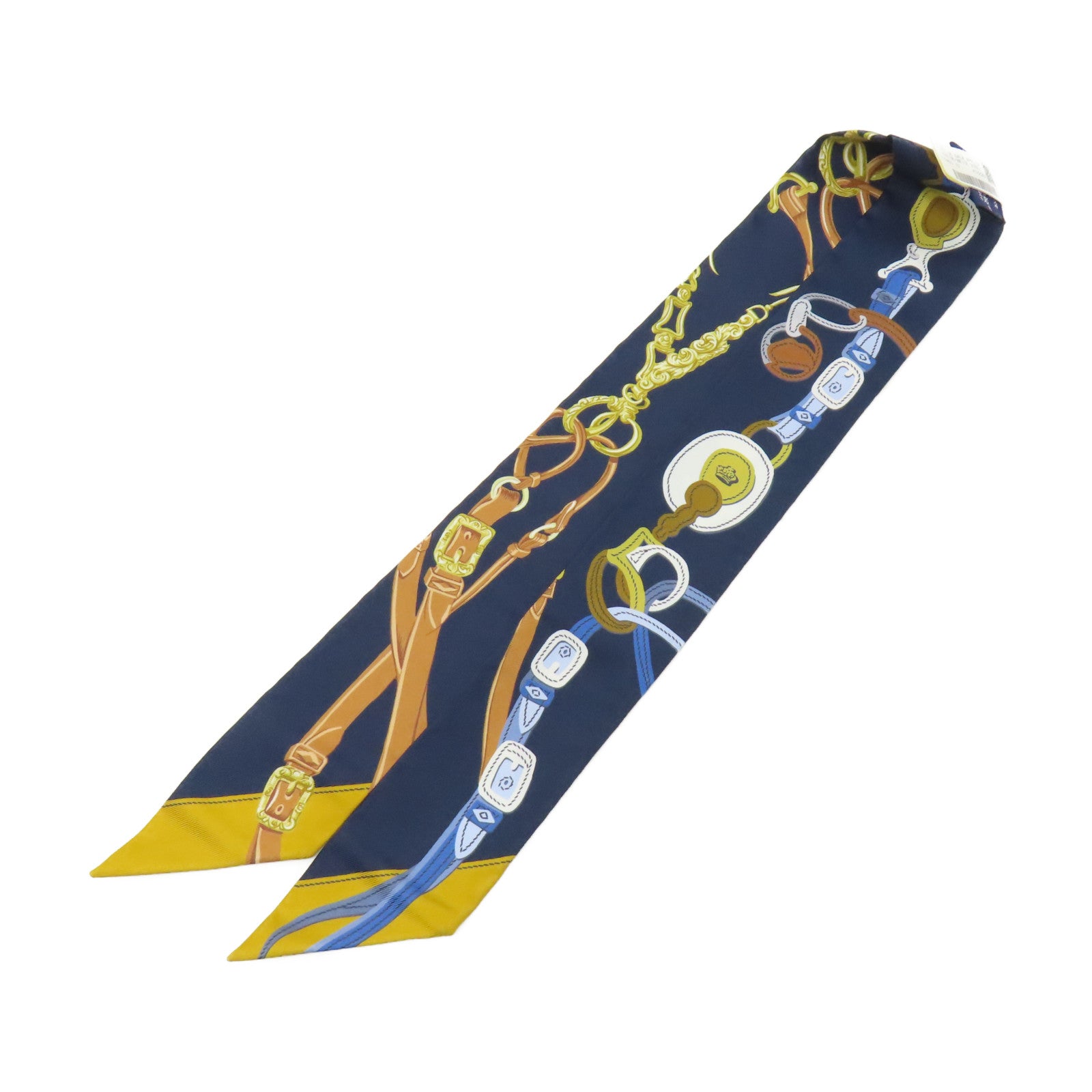 HERMES 絲質Twilly絲巾深藍色/黃色/啡色