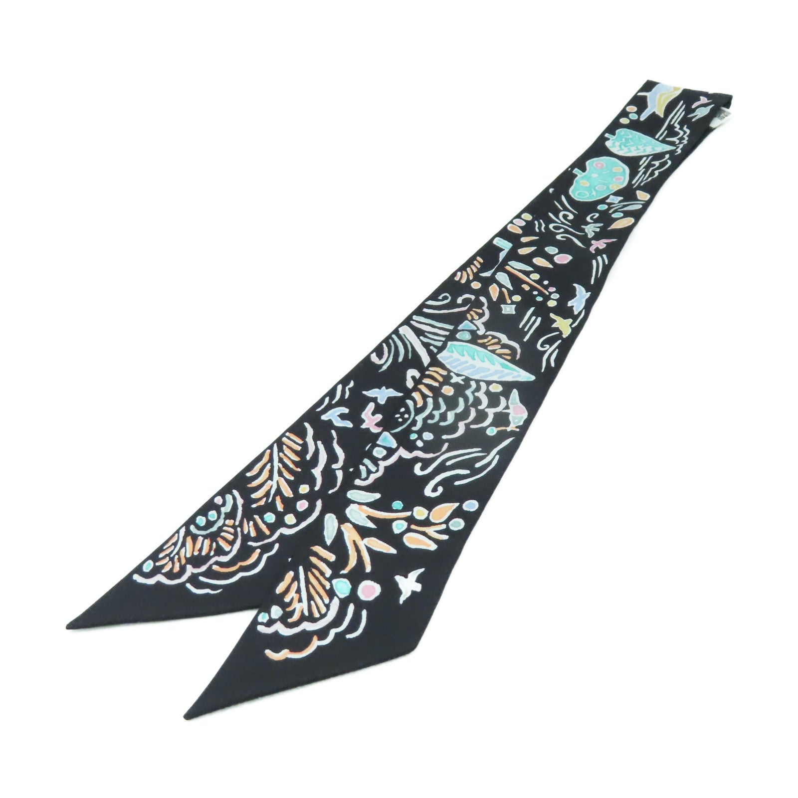 HERMES 絲質Twilly Scarf絲巾黑色/彩色