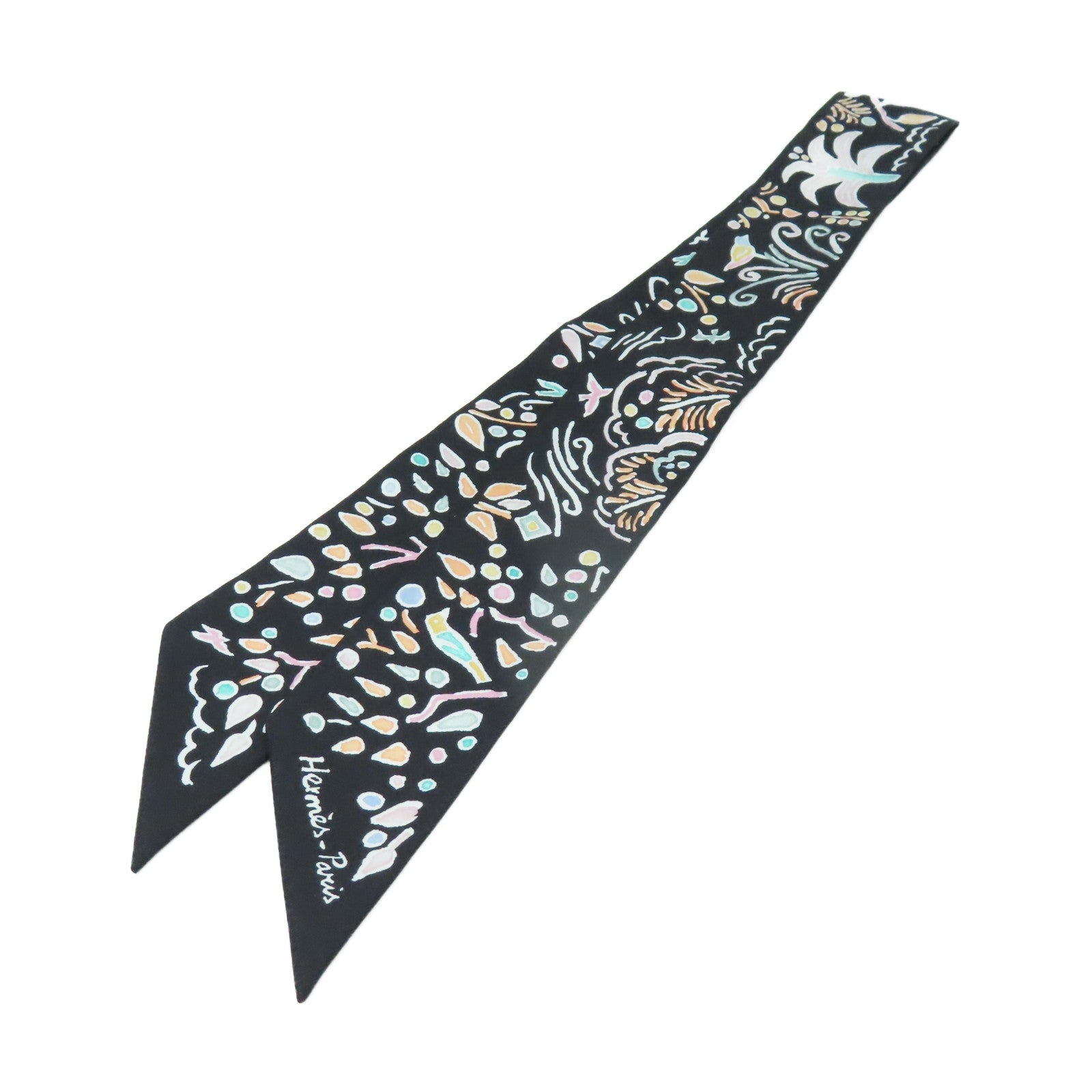 HERMES 絲質Twilly Scarf絲巾黑色/彩色