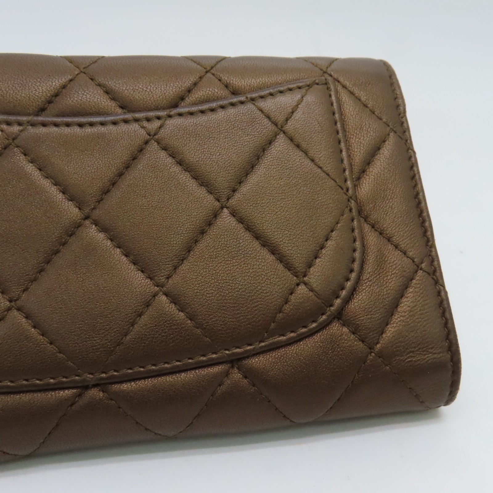 CHANEL 菱格牛皮皮革Long Wallet銀扣長錢包啡色