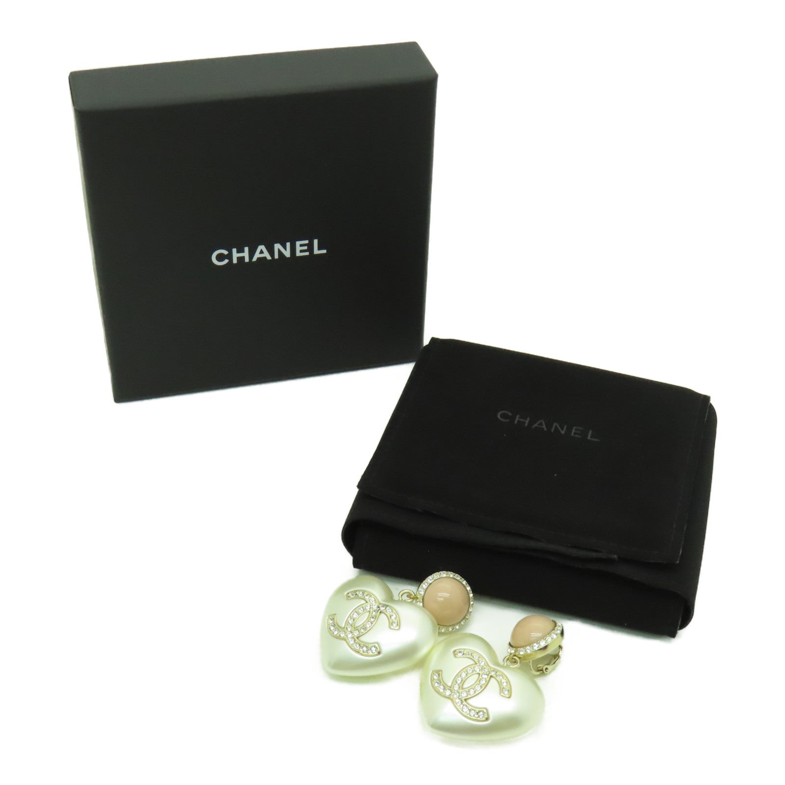 CHANEL 金屬Heart Earrings耳夾耳環粉紅色/珍珠白色