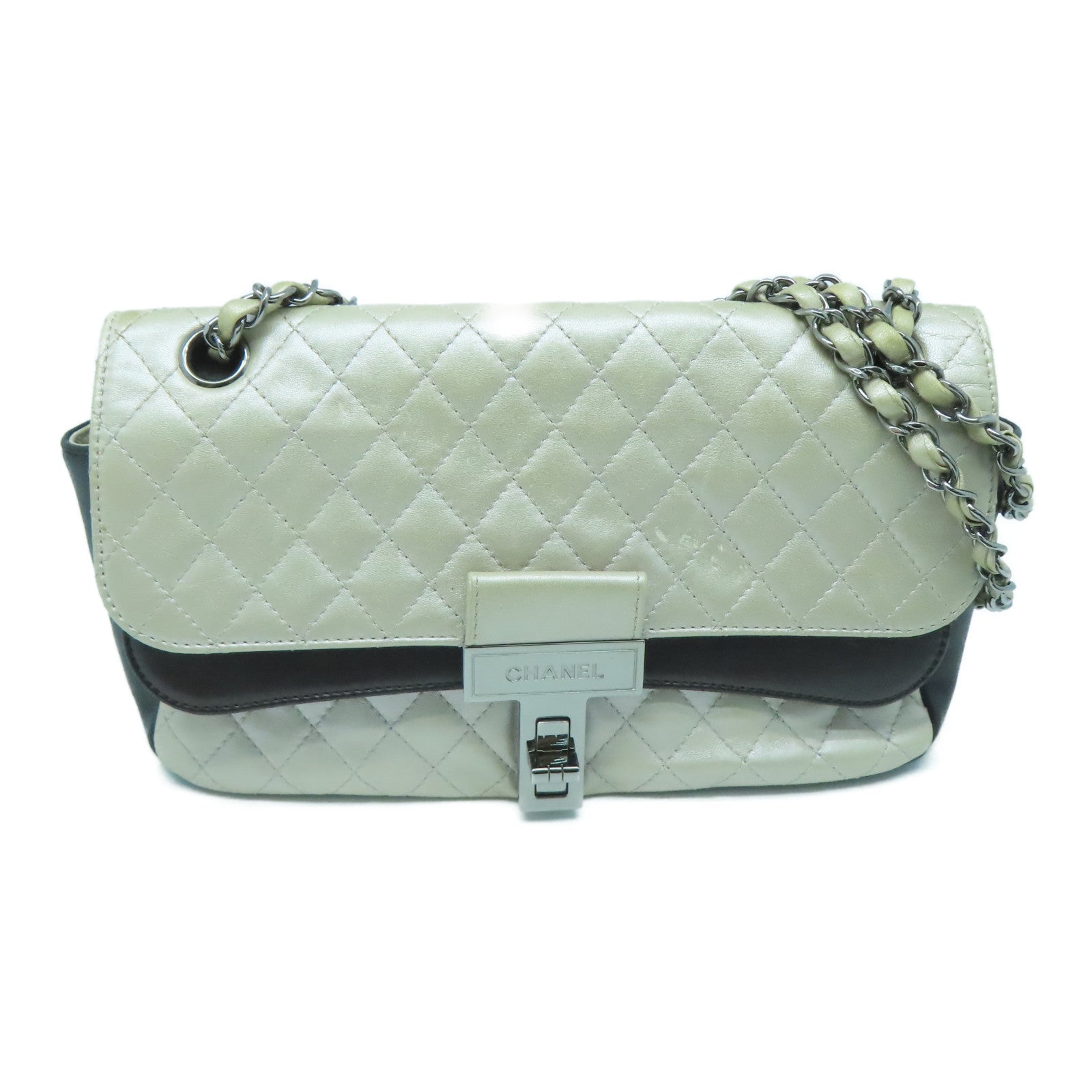 CHANEL 牛皮皮革Chain Shoulder銀扣肩背袋啡色/銀色